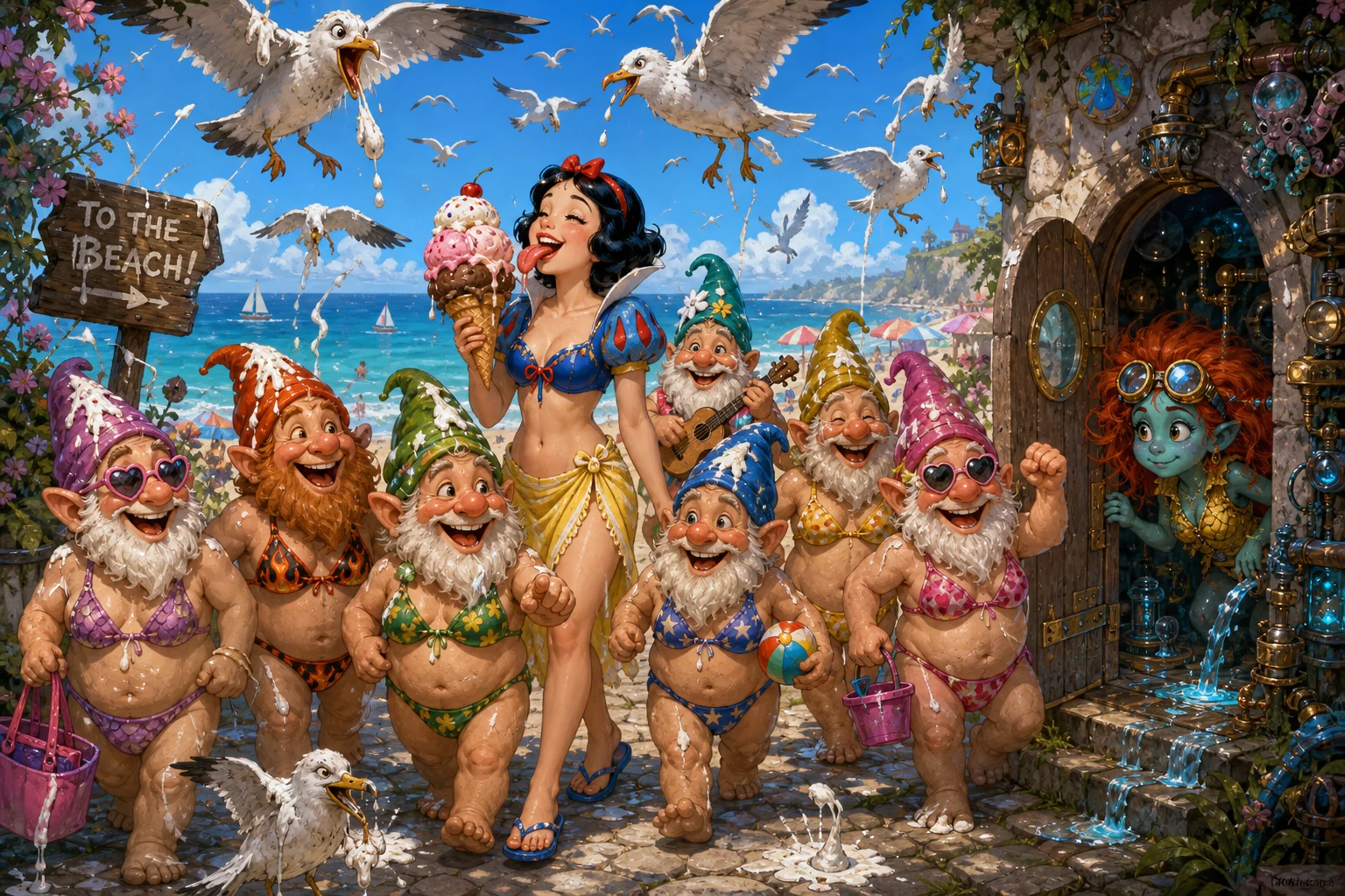 Snow White and seven flamboyantly dressed gnomes head toward a sunny beach as she eats an oversized ice cream, while mischievous seagulls fill the sky and a curious blue-green engineer peeks from a nearby doorway.