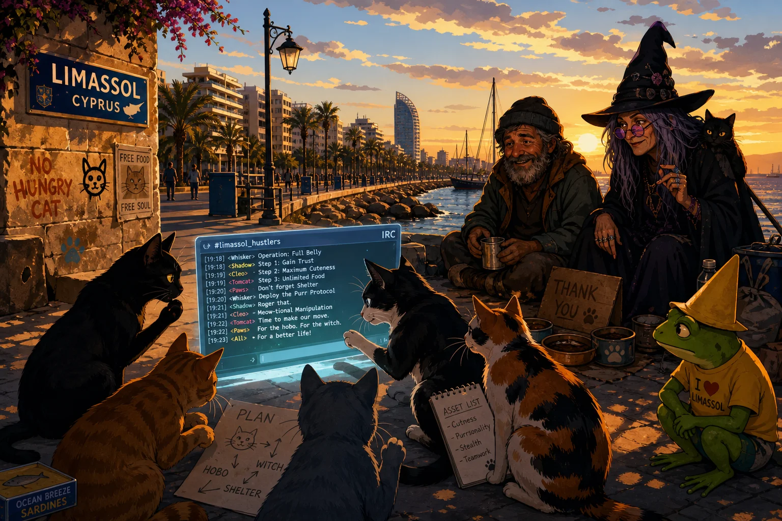 In a cinematic animated Limassol street scene, clever cats huddle around a glowing chat window while a weary hobo, mysterious witch, and silent lime-green frog in a yellow hat and shirt look on.