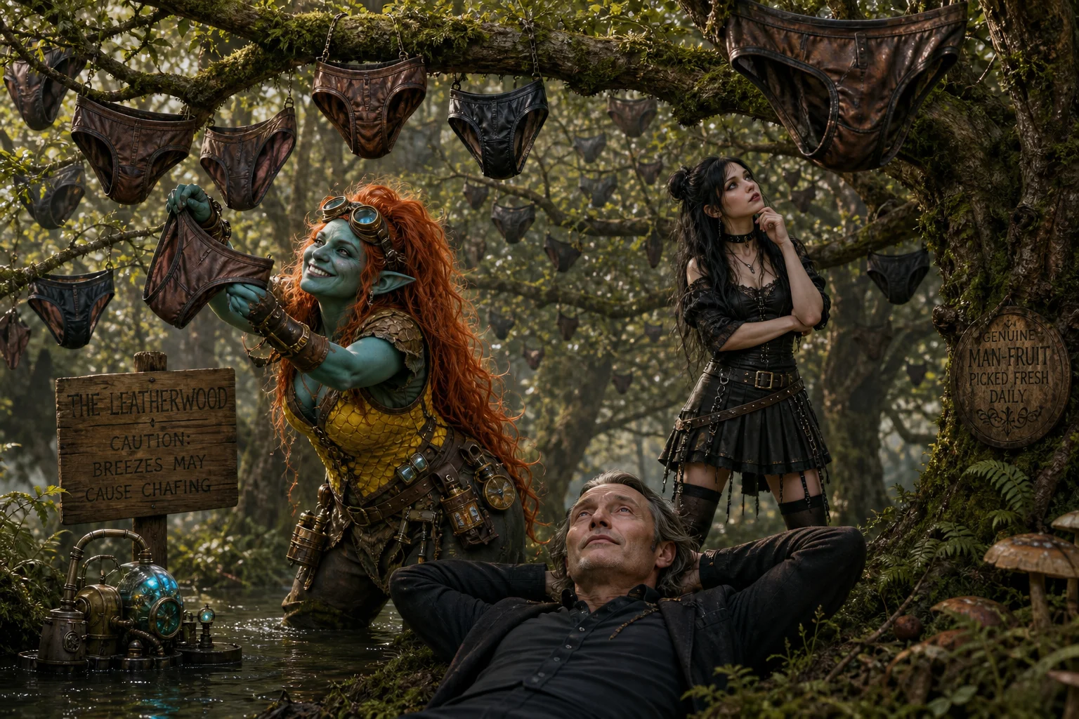 In a whimsical enchanted forest, a blue-green gnome engineer steals leather underwear from a tree while a goth woman observes and a man rests peacefully on the forest floor.