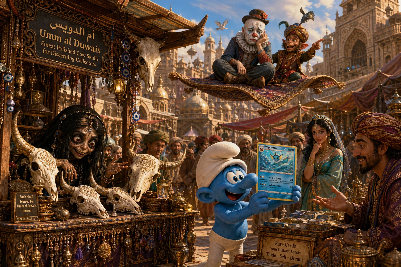 A whimsical fantasy bazaar in an ancient Arabian city features a supernatural vendor, a sad clown on a flying carpet, and an excited blue character displaying a trading card amid colorful stalls and warm golden light.