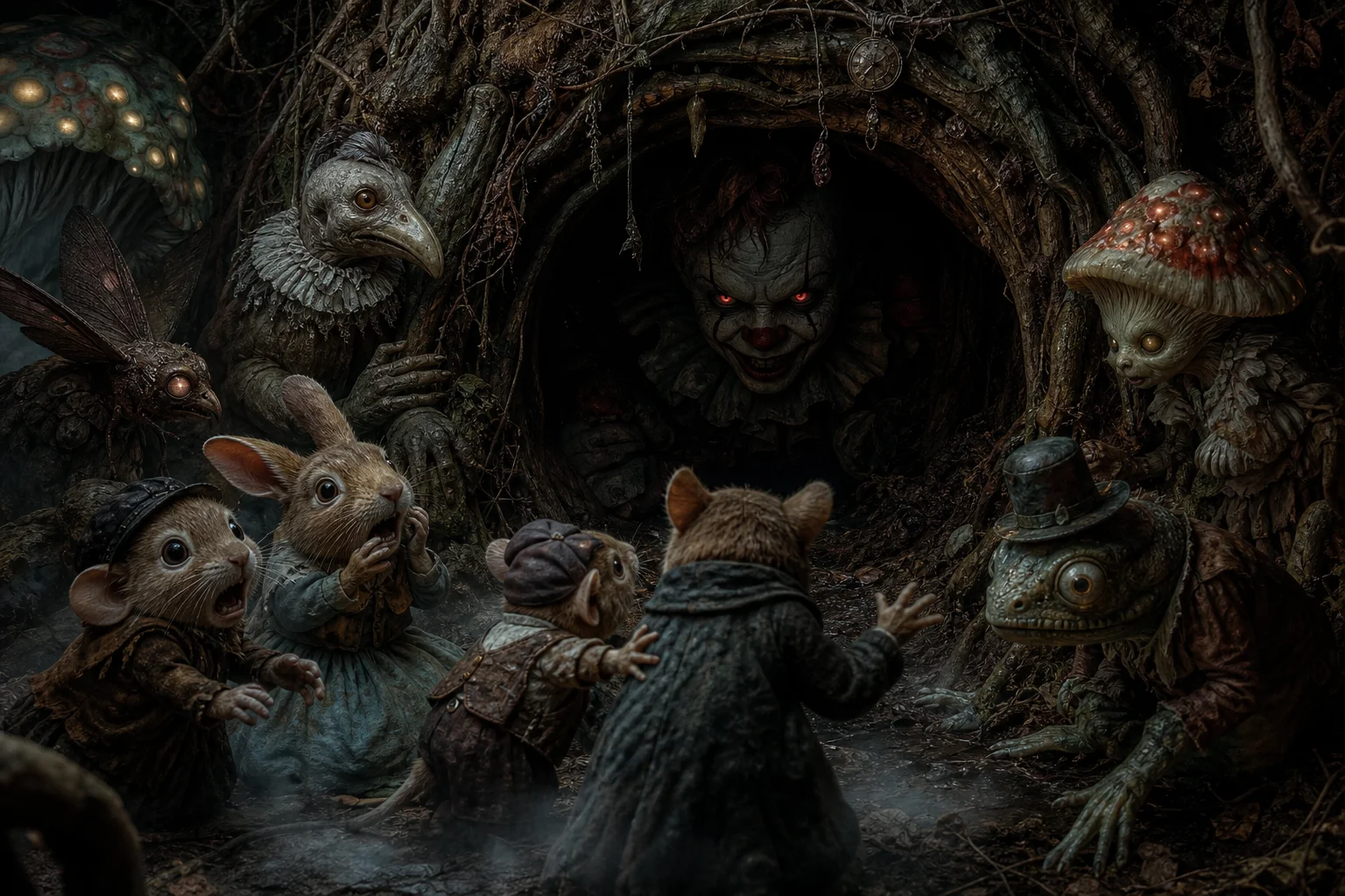 Startled figures recoil at a cramped underground burrow as strange creatures emerge from the shadows and a crouching clown with glowing red eyes lurks among roots, fungi, mist, and damp earth.