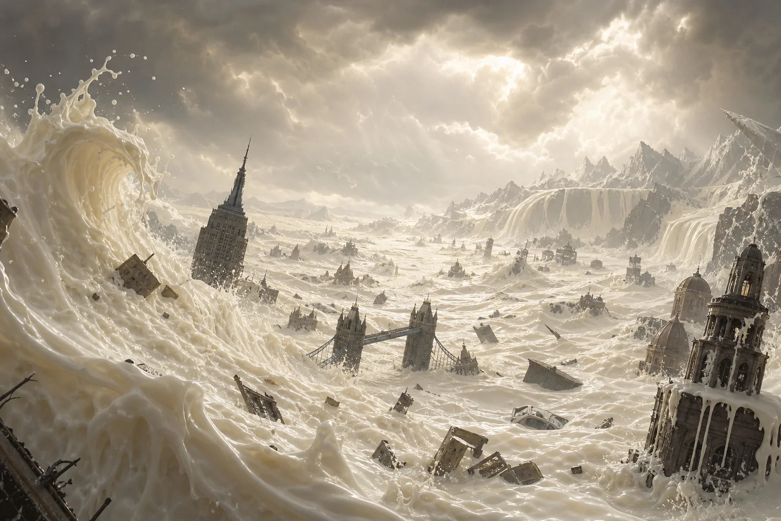 A surreal apocalyptic flood of creamy milk engulfs cities, forests, mountains, and debris beneath a pale storm-filled sky in a vast, unsettling fantasy landscape.