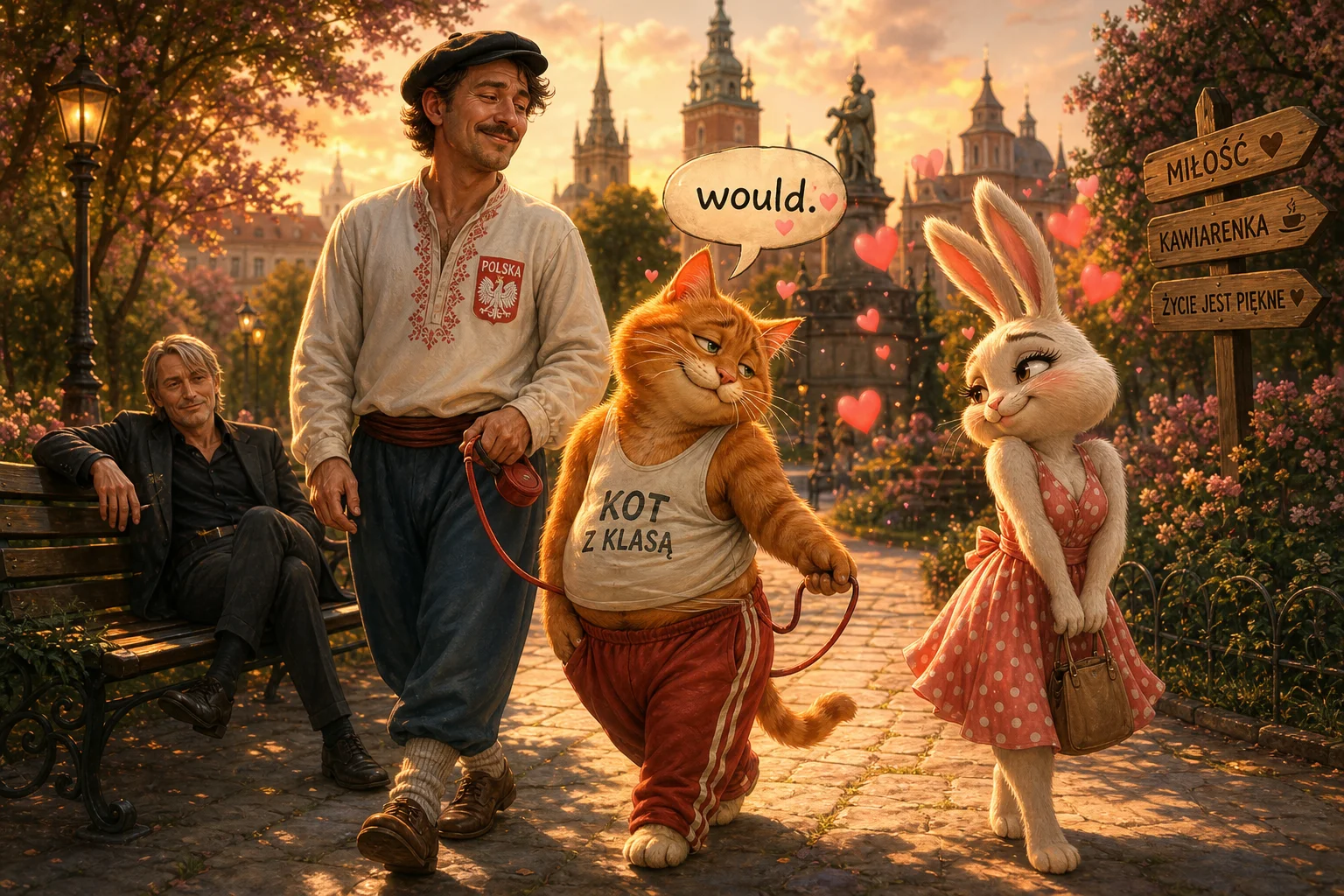 A Polish man walks an upright orange cat through a charming city park, where the cat gazes dreamily at a rabbit while a relaxed observer lounges on a bench amid warm, romantic golden-hour light.