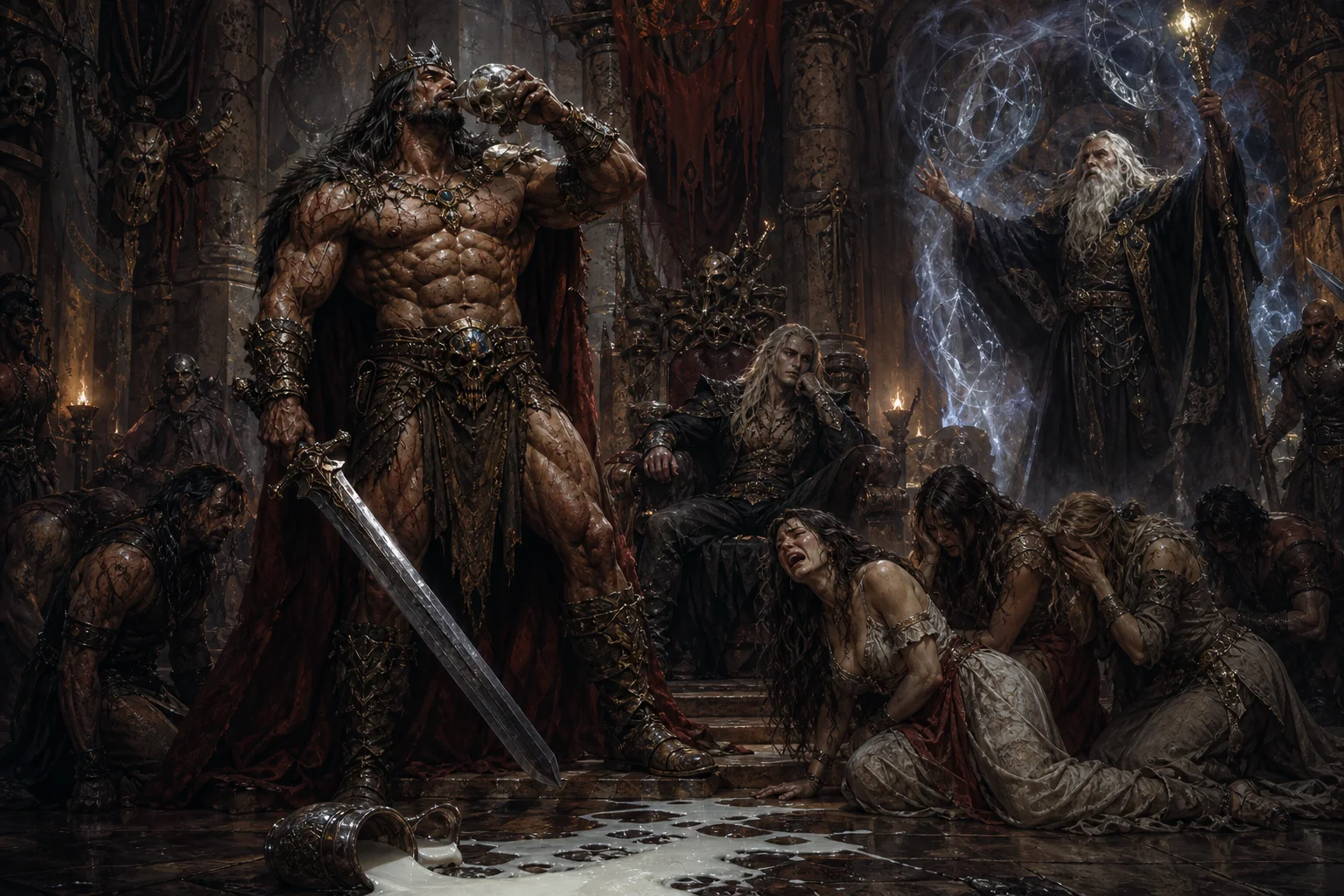 A muscular barbarian king drinks from a skull goblet in a conquered medieval hall as grieving women and defeated warriors surround him, while an aristocratic warrior watches and a wizard emerges through glowing smoke.