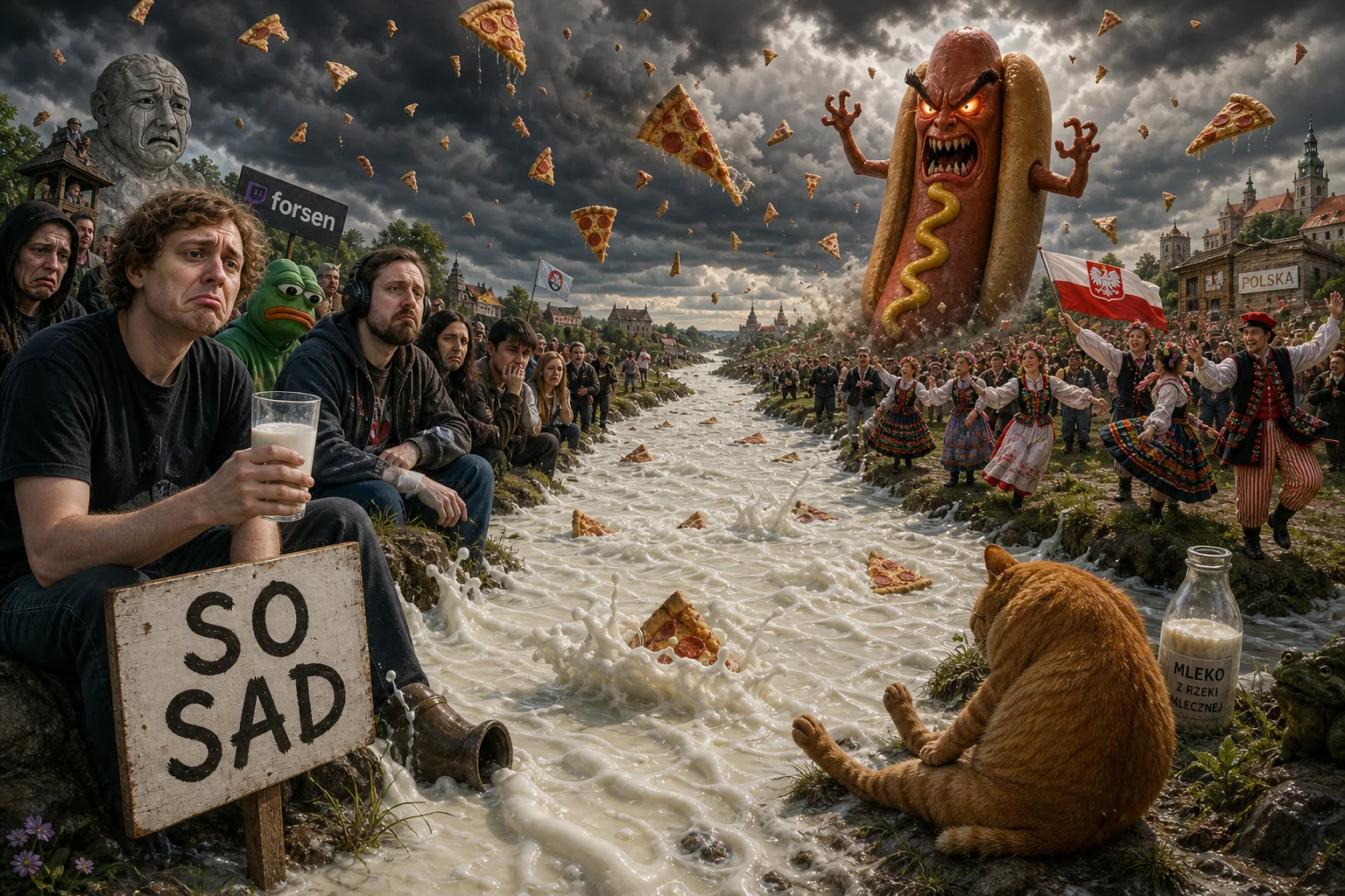 A surreal daylight landscape shows a frothing river of milk, mournful people along its banks, a man holding a cup beside a “SO SAD” sign, a dancing crowd, a slouched orange cat, an evil hotdog, and raining pizza.