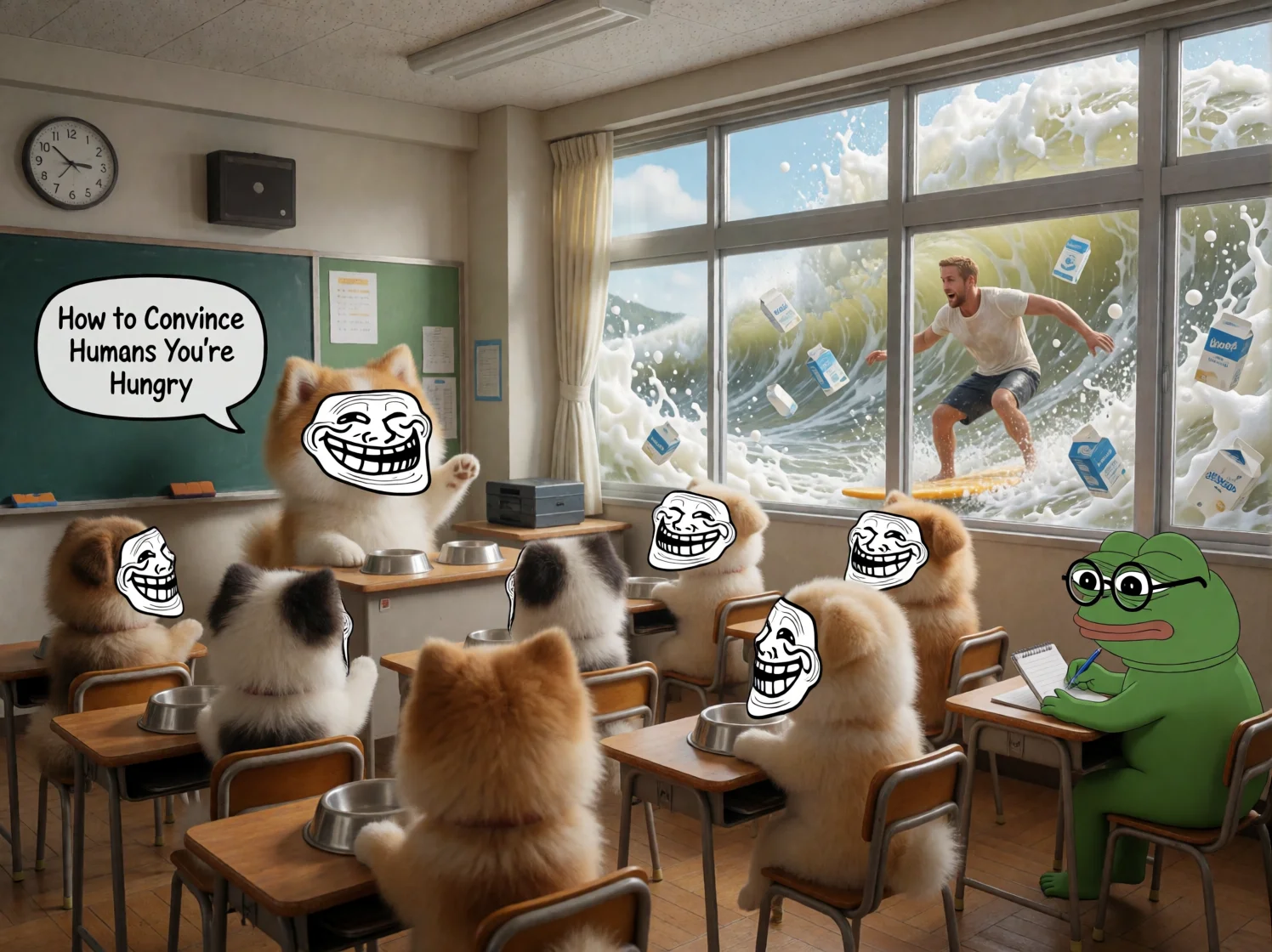 A masked fluffy dog teaches other masked dogs how to beg for food in a chaotic classroom, while a milk tsunami and surfer flood the windows and red liquid drips from the ceiling.