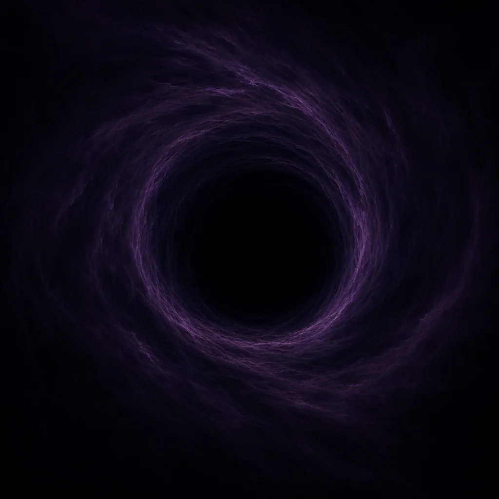 A vast purple-black black hole vortex dominates the scene, its subtle gravitational distortion fading into infinite darkness and creating an eerie, oppressive sense of cosmic isolation.