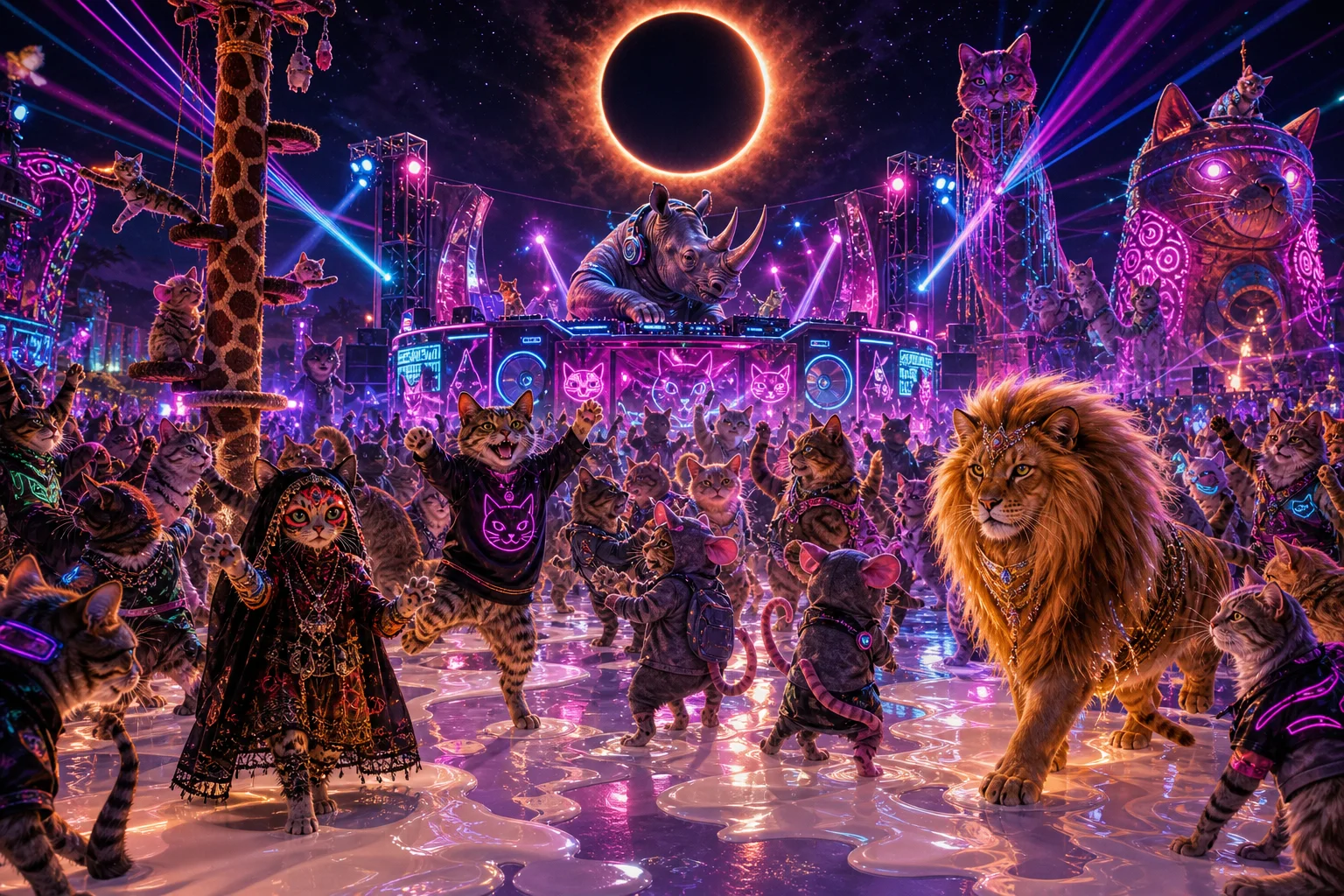 Cats dance at a surreal neon nighttime rave while a rhinoceros DJs from a glowing futuristic booth beneath a dramatic solar eclipse.