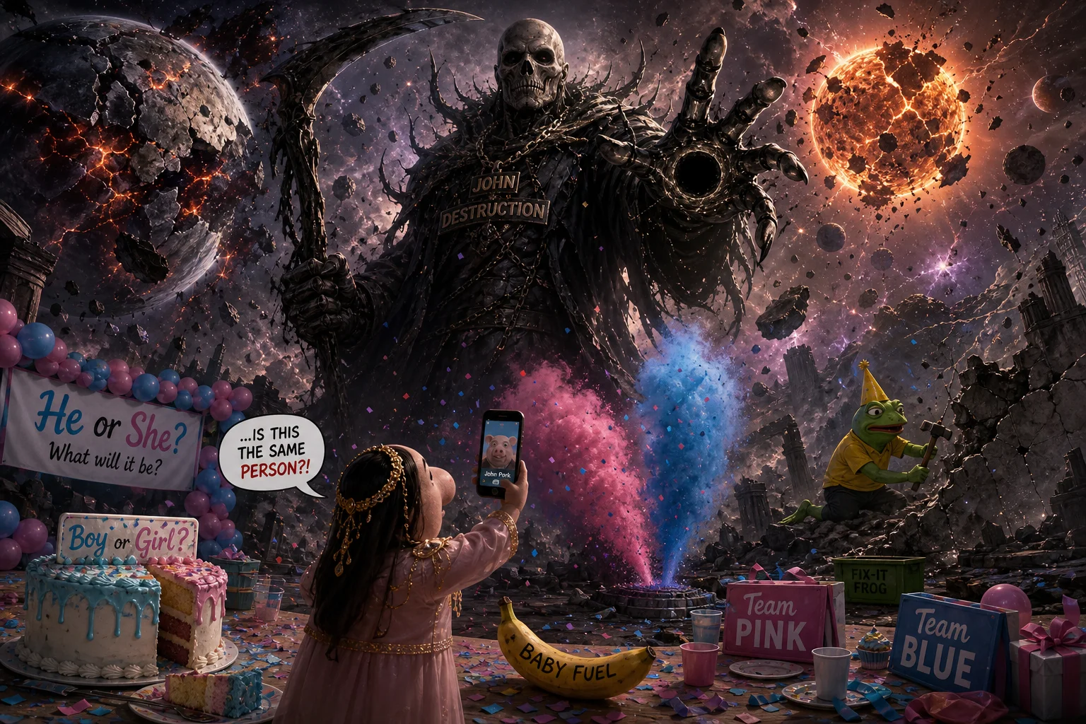 A towering embodiment of destruction looms over a ruined cosmic landscape while a tiny partygoer compares him with a phone image, surrounded by pink-and-blue decorations, as a green frog repairs rubble nearby.