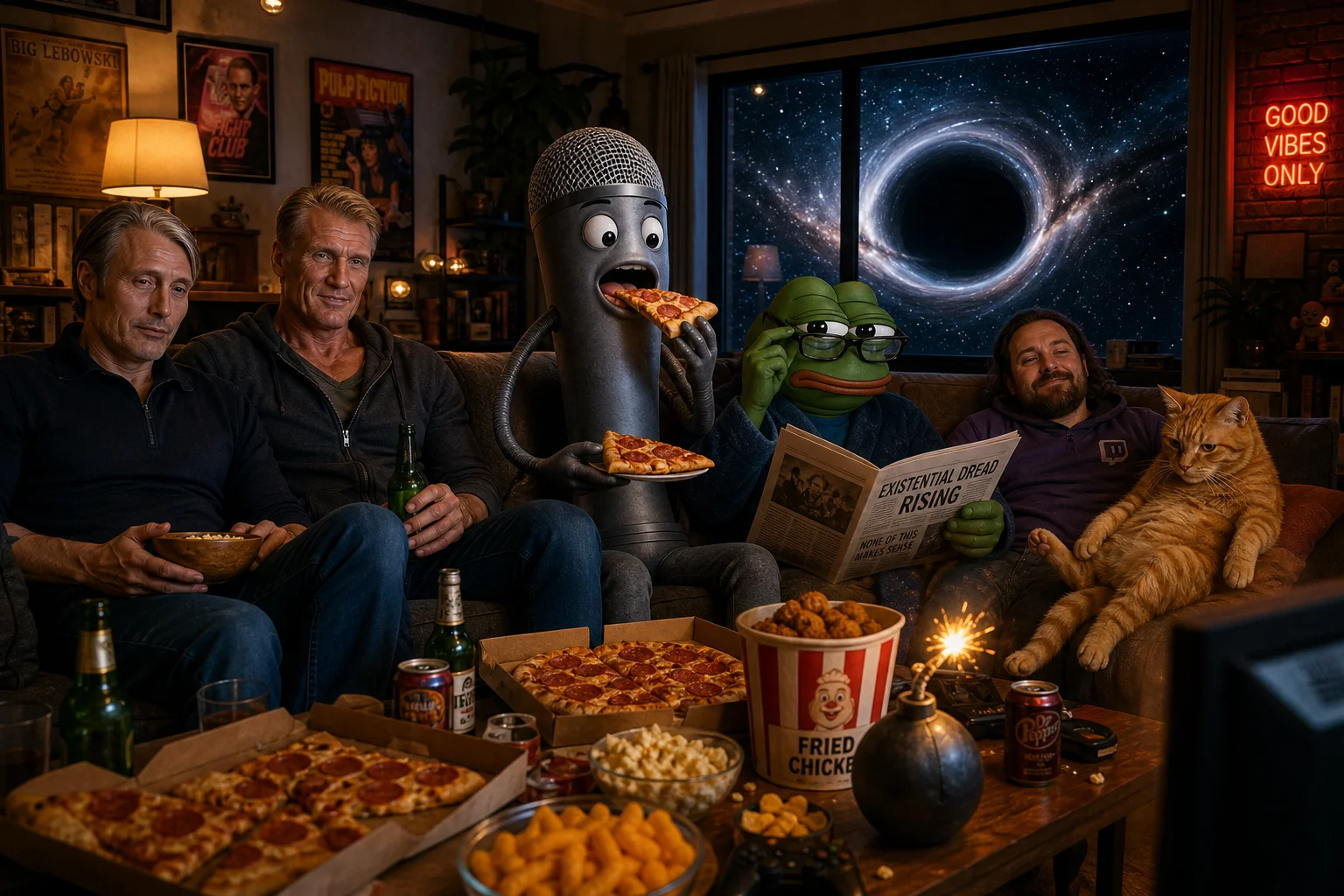 A lively group watches a movie in a cozy living room as a microphone-shaped character eats pizza, while snacks cover the table, an orange cat lounges nearby, and a black hole and lit-fuse bomb create comic tension outside.