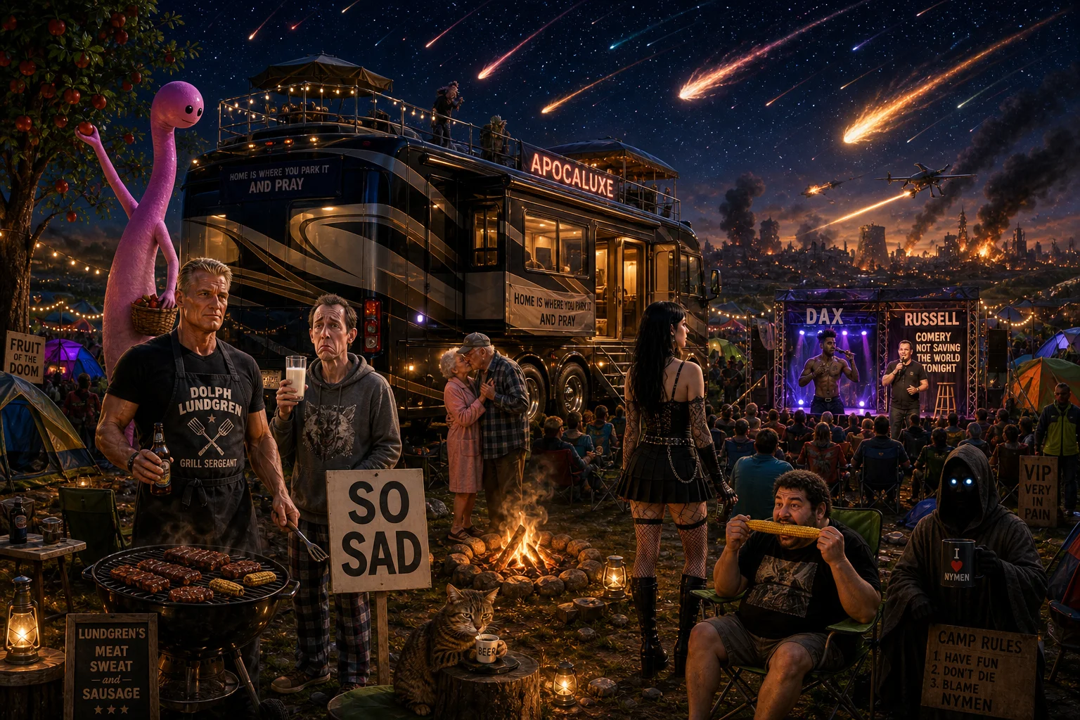 A gigantic luxury RV anchors a chaotic nighttime camping festival, where campers grill, perform, and mingle amid colorful tents, campfires, a meteor shower, and a distant smoky war-torn horizon.