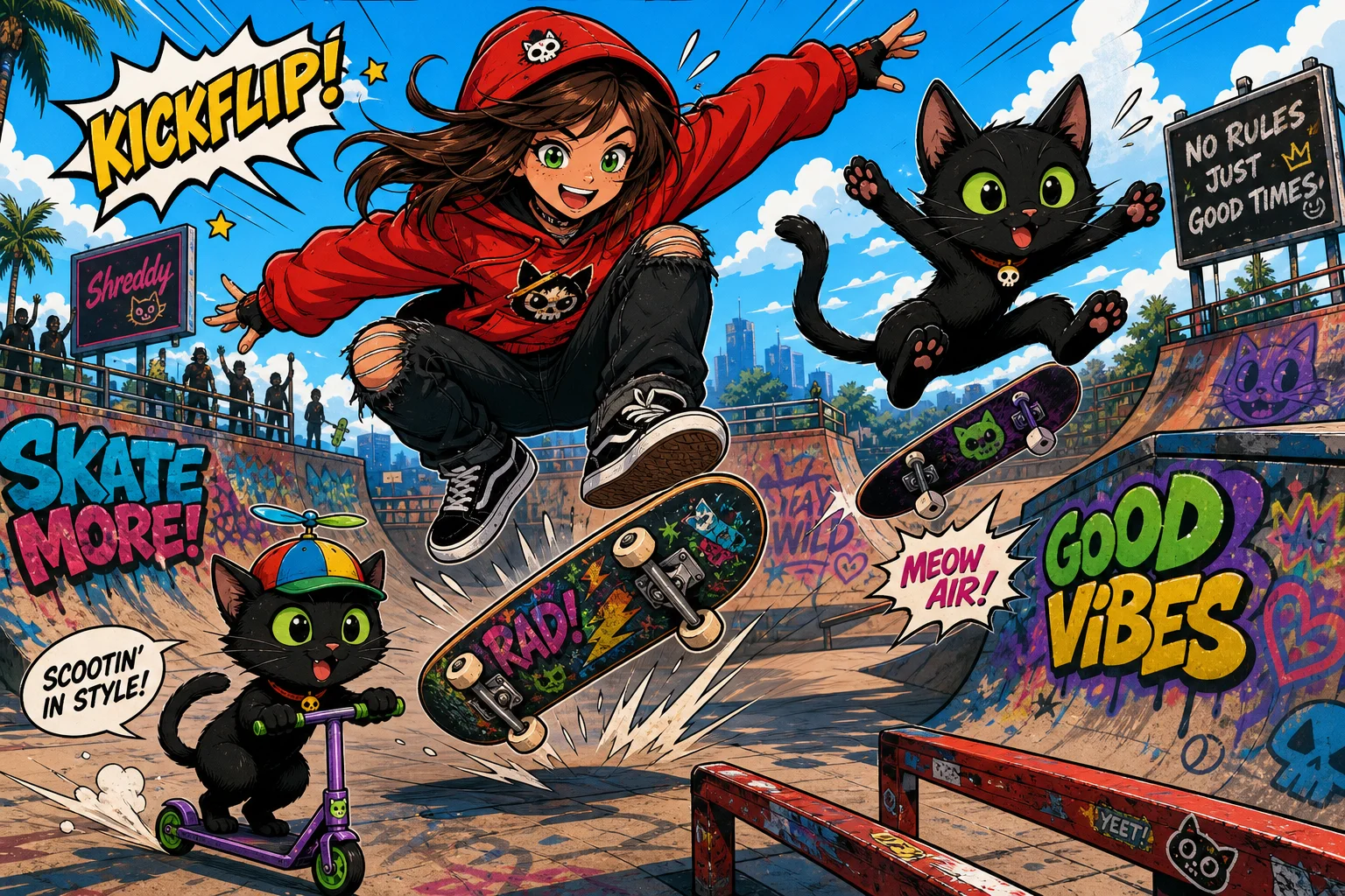 A comic-style brunette girl in a red hood performs a kickflip at a colorful skatepark while two black cats with green eyes do playful tricks nearby.