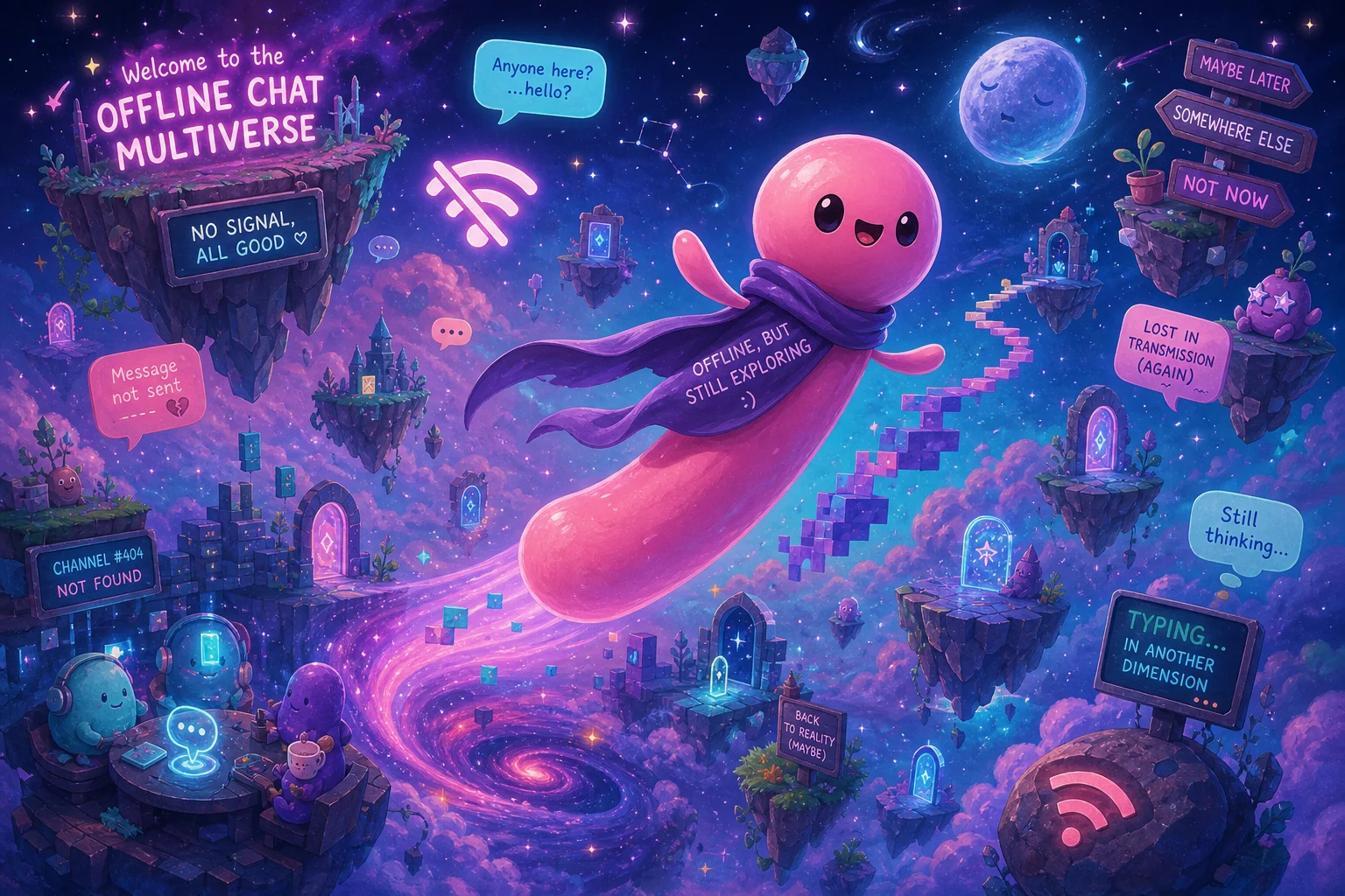 A whimsical pink, long-bodied character drifts through a colorful cosmic chat-world filled with floating message bubbles, disconnected signal icons, tiny portals, glowing stars, and fragmented digital landscapes.