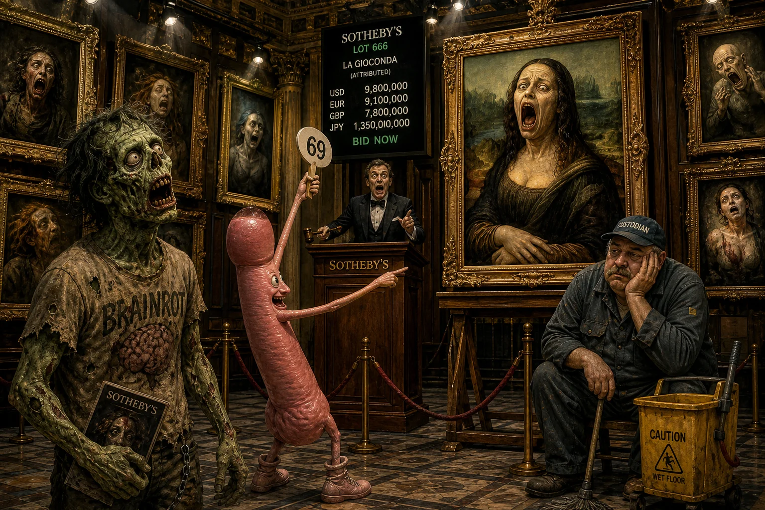 A ghastly zombie and bizarre pink creature bid enthusiastically in a haunted art gallery, while moaning portraits and a bored custodian watch amid ornate décor and dramatic lighting.