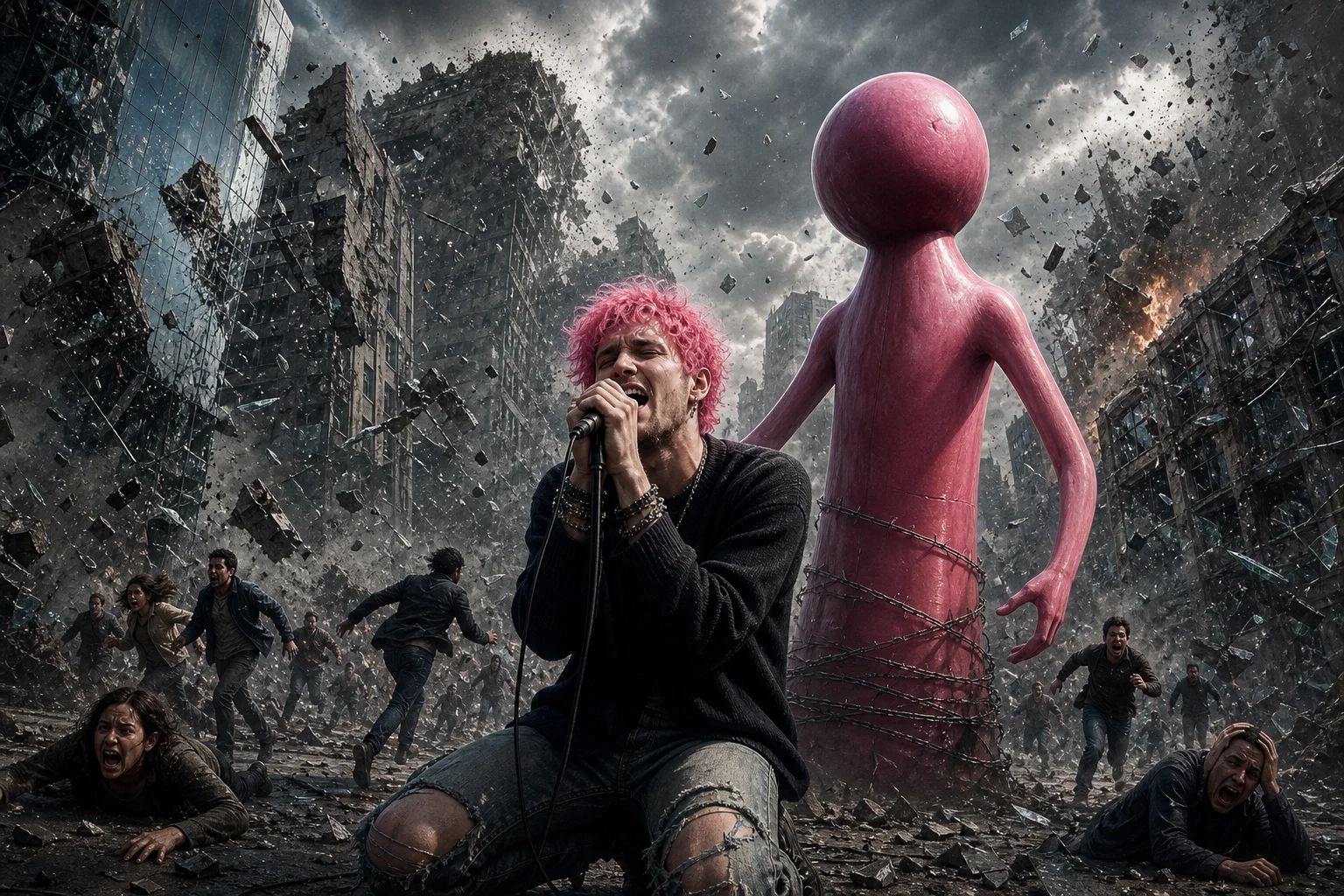 A pink-haired singer performs at the center of a collapsing city as shattered windows, falling masonry, dust, and fleeing crowds surround him, with a bizarre pink superhero figure standing protectively nearby.
