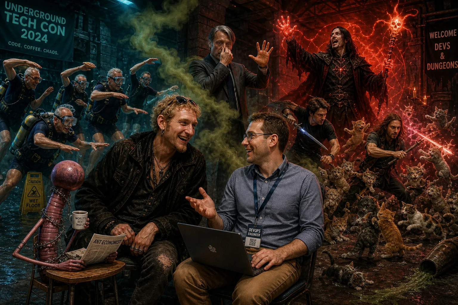 A surreal fantasy scene in a dim underground tech convention hall shows a laughing man with a laptop, a necromancer summoning heroes against tiny cats, and eccentric figures reacting to a comical green stink haze.