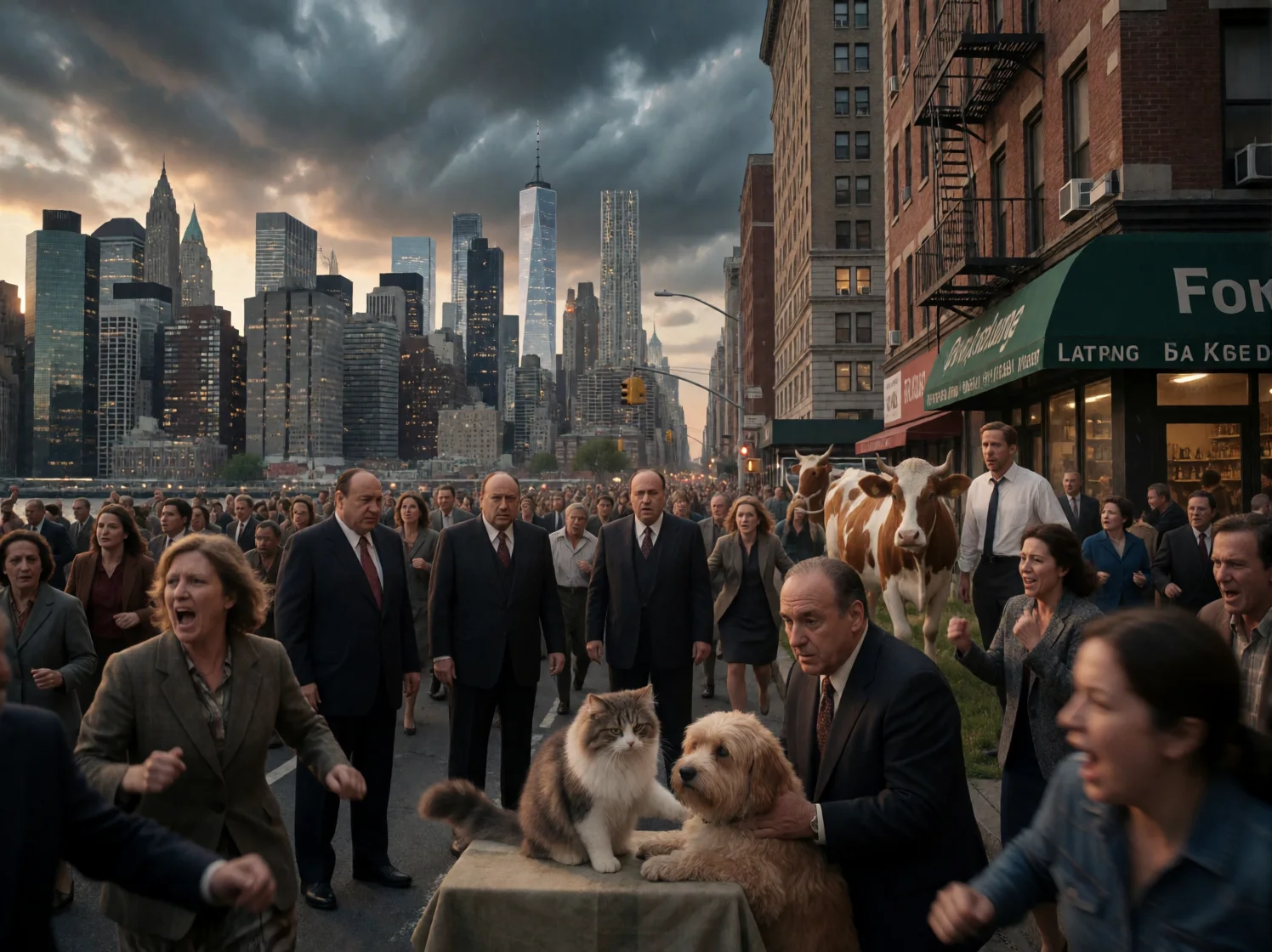 In a surreal New York City at dusk, a fluffy cat gives first aid to an injured dog as panicked crowds flee beneath stormy skies, while suited figures and a person milking a cow add comic chaos.