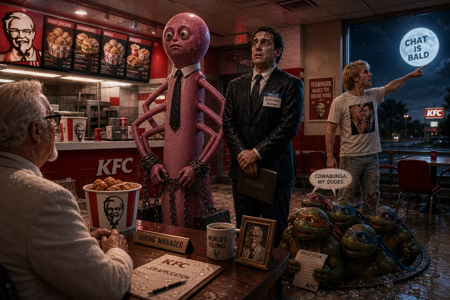 A chaotic job interview unfolds inside a sweltering fast-food restaurant as bizarre chained creatures, nervous applicants, and sewer-dwelling turtles awkwardly line up beneath harsh fluorescent lights.