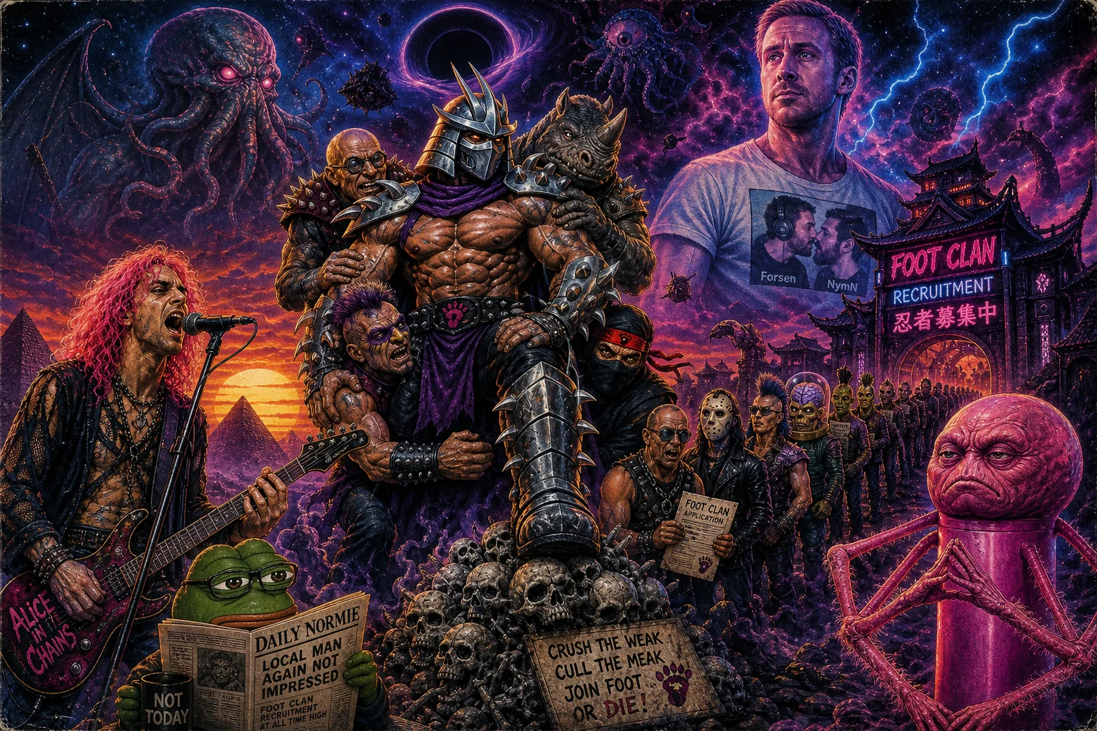 A massively muscular fantasy warrior crushes skulls beneath his boot while guitarists, strange creatures, and queued applicants surround him in a neon-lit, cosmic-horror sunset scene styled like a dramatic 1980s heavy-metal album cover.