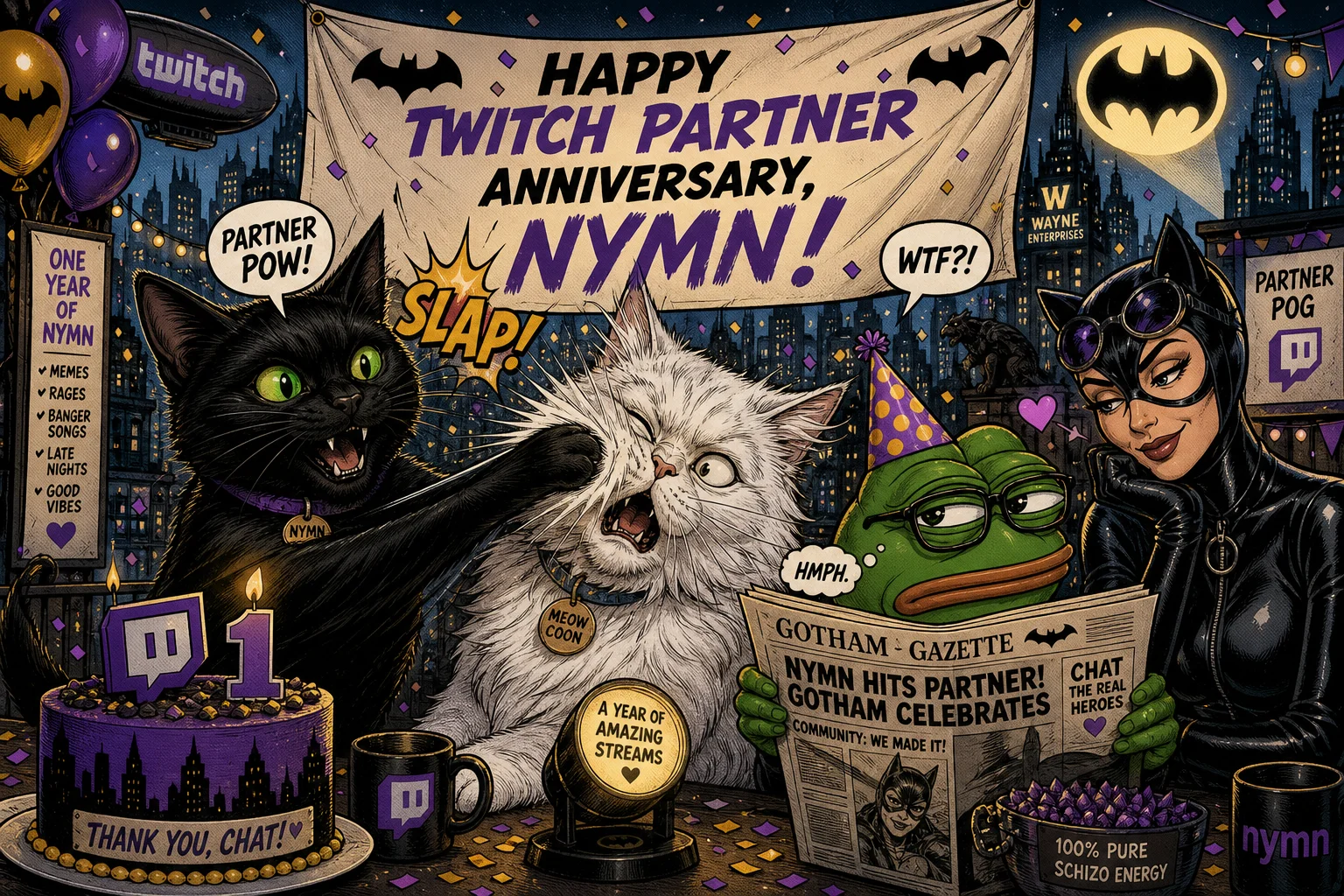 A comic-book Gotham party scene shows a green-eyed black cat playfully slapping a fluffy white Maine Coon, while Pepe the Frog and Catwoman watch amid confetti, balloons, dramatic lighting, and a festive anniversary banner.