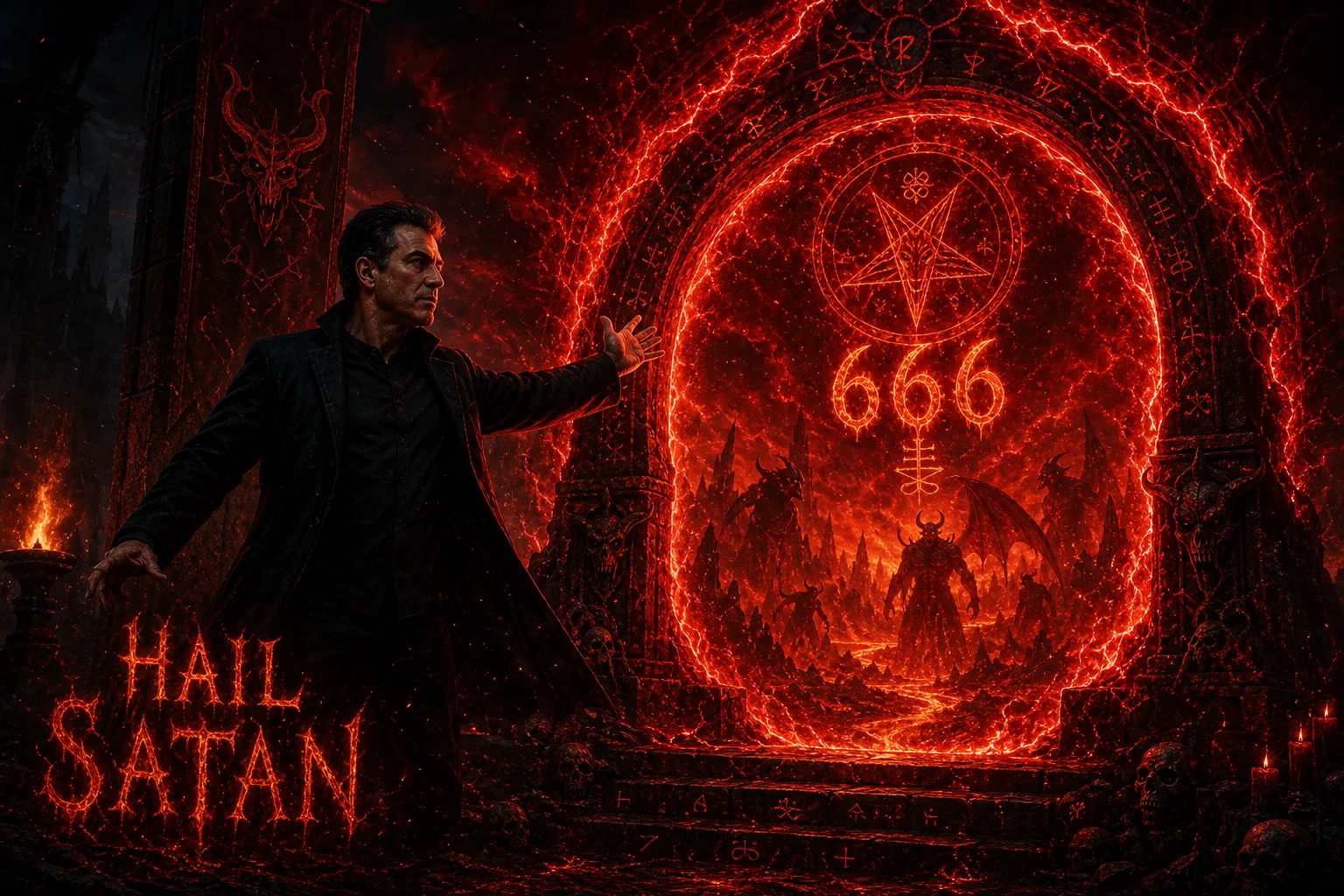 A dark fantasy-horror figure opens a blazing portal to Hell amid crimson energy, smoke, sparks, demonic silhouettes, and molten terrain, with an occult sigil and fiery infernal lettering illuminating the scene.