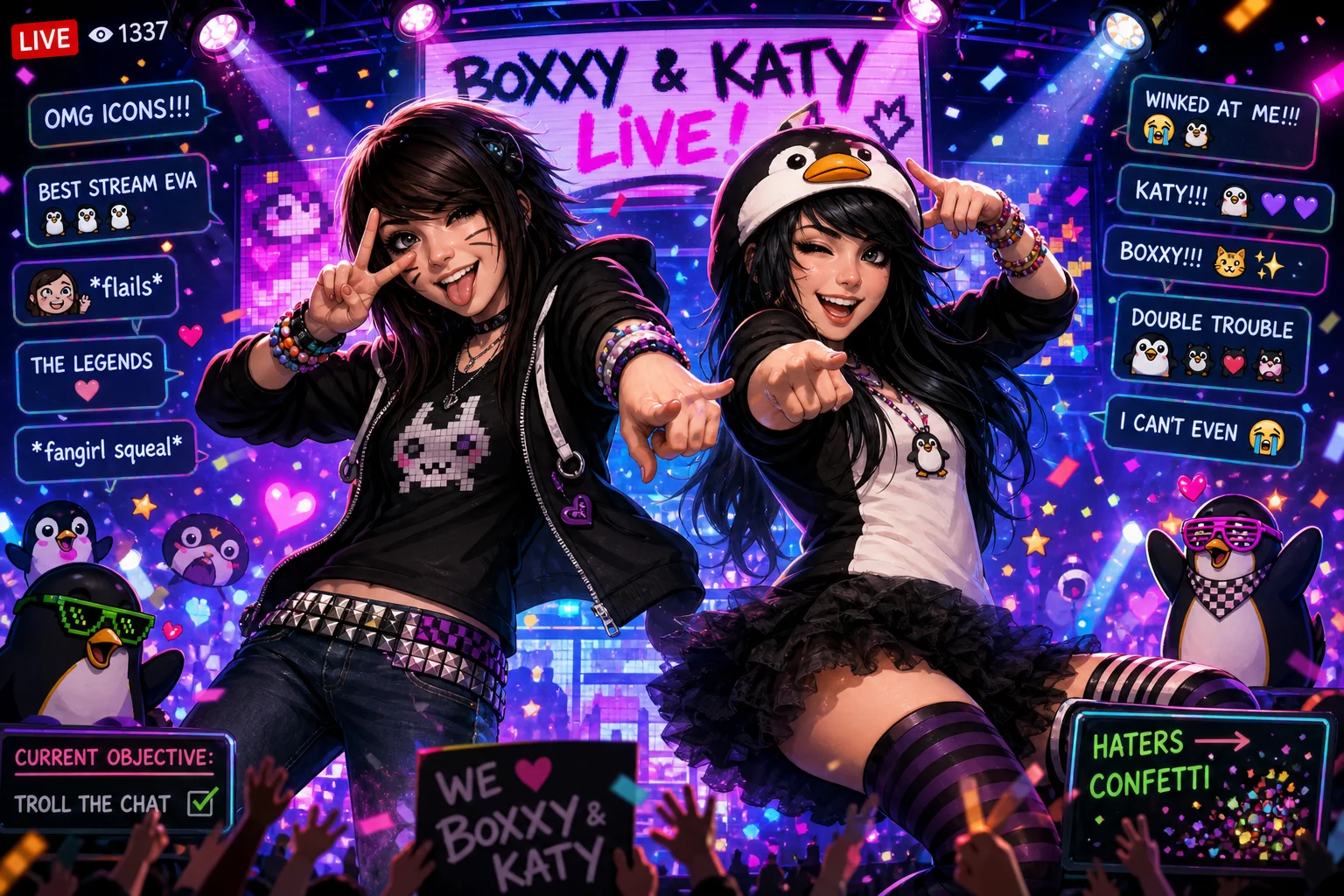 Two mischievous internet-culture performers dance and tease an excited crowd on a colorful livestream stage glowing with neon lights, floating chat emotes, confetti, and energetic theatrical flair.