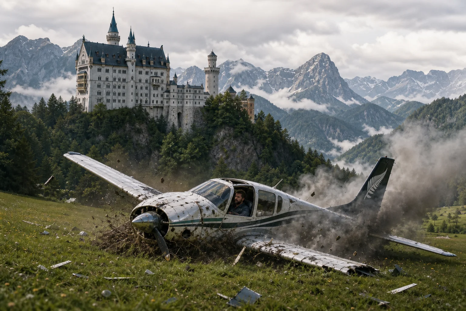 A small airplane crash-lands in a meadow below Neuschwanstein Castle, trailing smoke and debris, with the iconic castle, forests, mist, and rugged Bavarian Alps in the background.