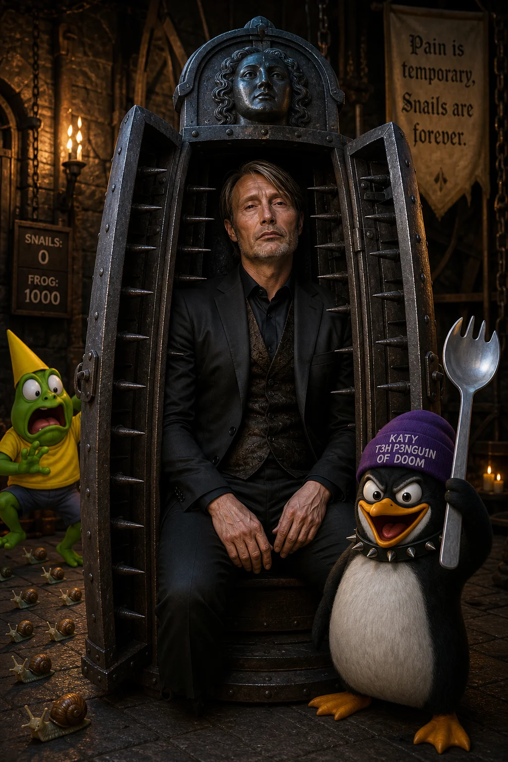 A dramatically lit man sits unharmed inside an open medieval iron maiden, while a terrified cartoon frog and mischievous penguin stand among tiny snails in a whimsical atmospheric fantasy setting.