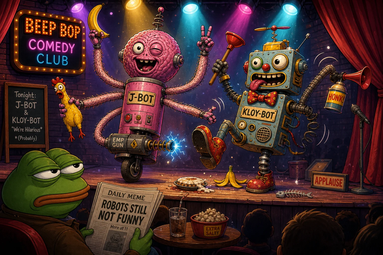 Two goofy robots perform slapstick comedy under colorful stage spotlights while a seated audience member reads a newspaper and looks unimpressed, amid curtains and scattered props in a vibrant comedy-club theater.