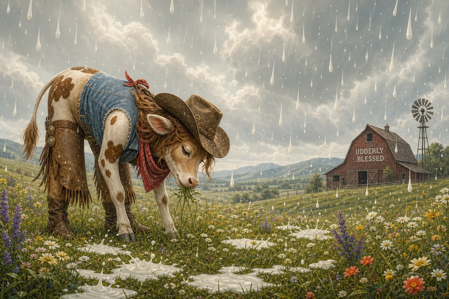 A whimsical cowgirl with bovine features grazes peacefully in a lush meadow beneath a cloudy sky raining milk, surrounded by rustic Western scenery in a charming storybook style.