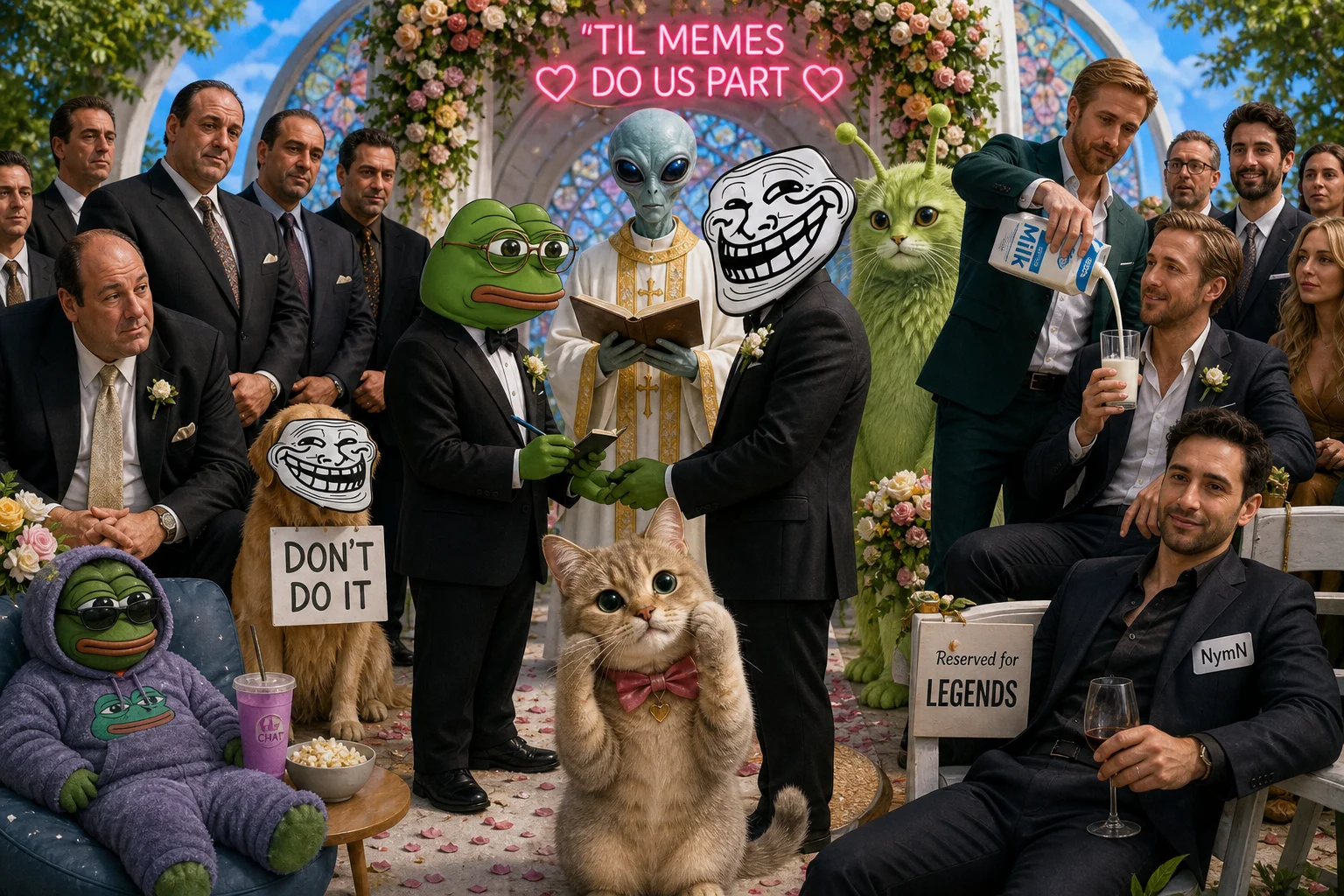 A surreal outdoor wedding ceremony features Pepe the Frog officiating Trollface, a masked dog warning “DON’T DO IT,” an alien priest, colorful decorations, suited guests, and an irresistibly cute cat posing in the foreground.
