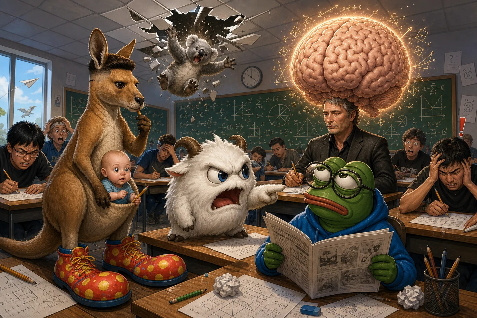 A surreal, colorful math contest classroom shows contestants solving equations as an angry poro confronts bespectacled Pepe the Frog, while a kangaroo carries a baby and a koala tumbles through the ceiling.