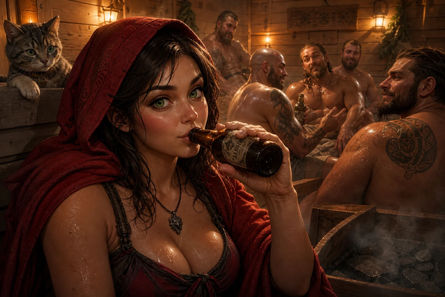 A red-hooded brunette woman drinks beer among muscular men and a curious cat in a warm, steamy wooden sauna.