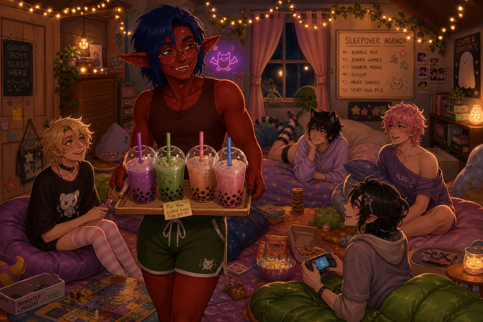 A dark-red, blue-haired goblin wearing glasses carries colorful bubble teas through a warmly lit bedroom sleepover surrounded by blankets, pillows, fairy lights, snacks, and board games.