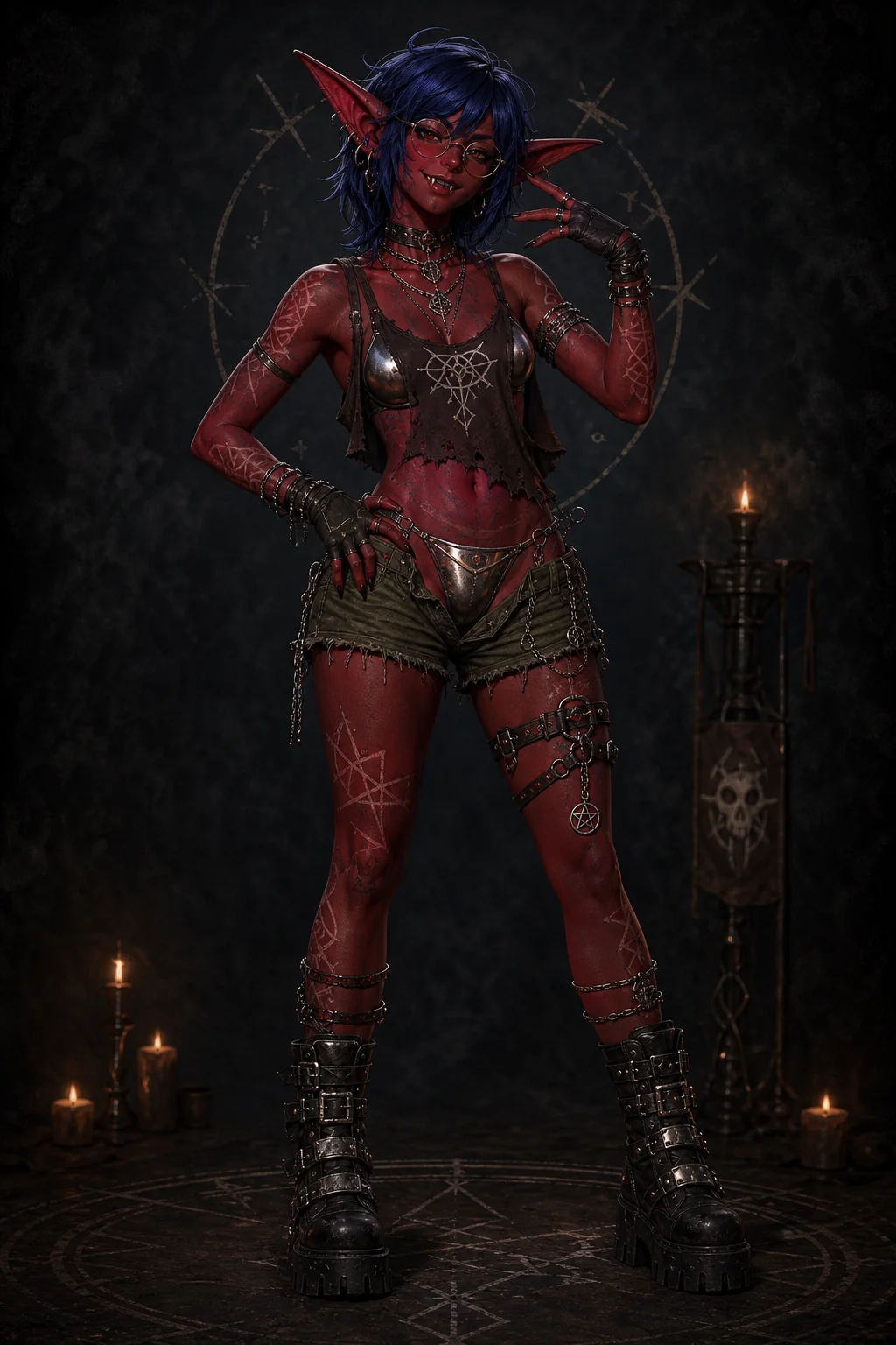 A full-body androgynous dark-red goblin with deep-blue hair, glasses, fangs, and a mischievous expression poses confidently in edgy gothic attire under moody studio lighting.