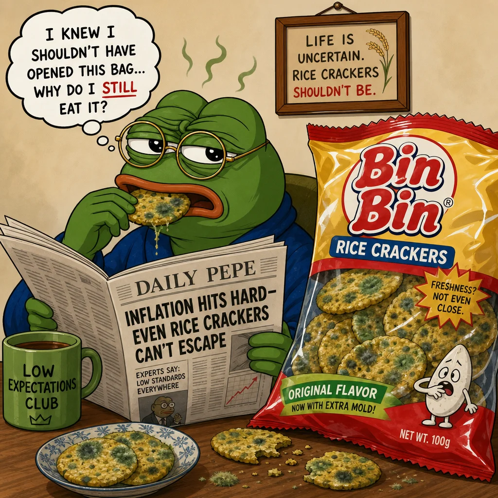 A cartoon frog in round glasses reluctantly eats a moldy, green-discolored rice cracker while reading a newspaper, with more spoiled crackers scattered nearby against a clean colorful background.