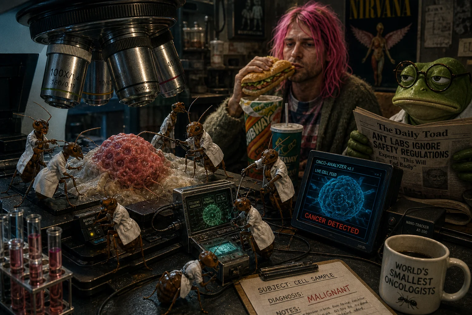 Intelligent ants use tiny diagnostic tools to detect cancer cells beneath a microscope in a detailed medical laboratory, while a pink-haired musician eats a sandwich and a bespectacled green frog reads nearby.