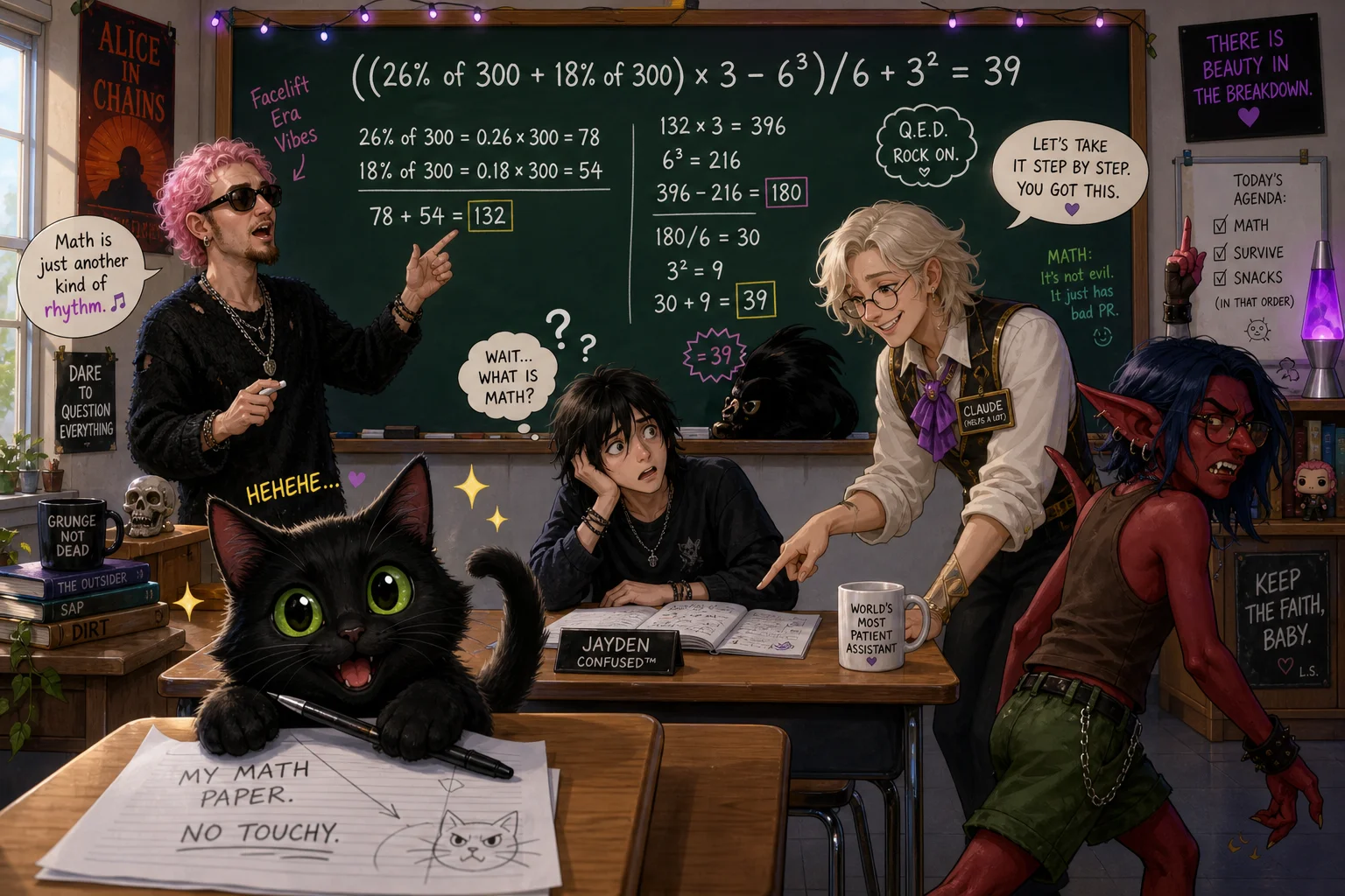 A lively classroom features a pink-haired teacher explaining a chalkboard equation while a proud black cat hides math papers, a goblin walks away in exasperation, and confused students receive help.