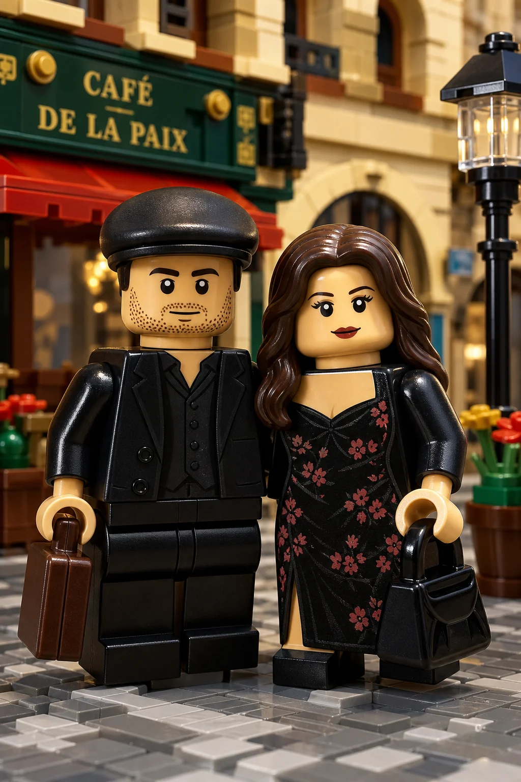 Two detailed LEGO-style minifigures, a central figure and a woman with molded hair, stand together in a bright, colorful studio-like LEGO setting.