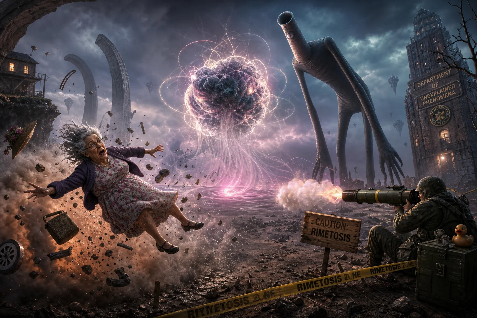 A surreal cinematic scene shows a towering long-necked being leaning toward a mysterious phenomenon while an elderly woman is thrown backward by a smoky, non-graphic bazooka blast amid dust and debris.