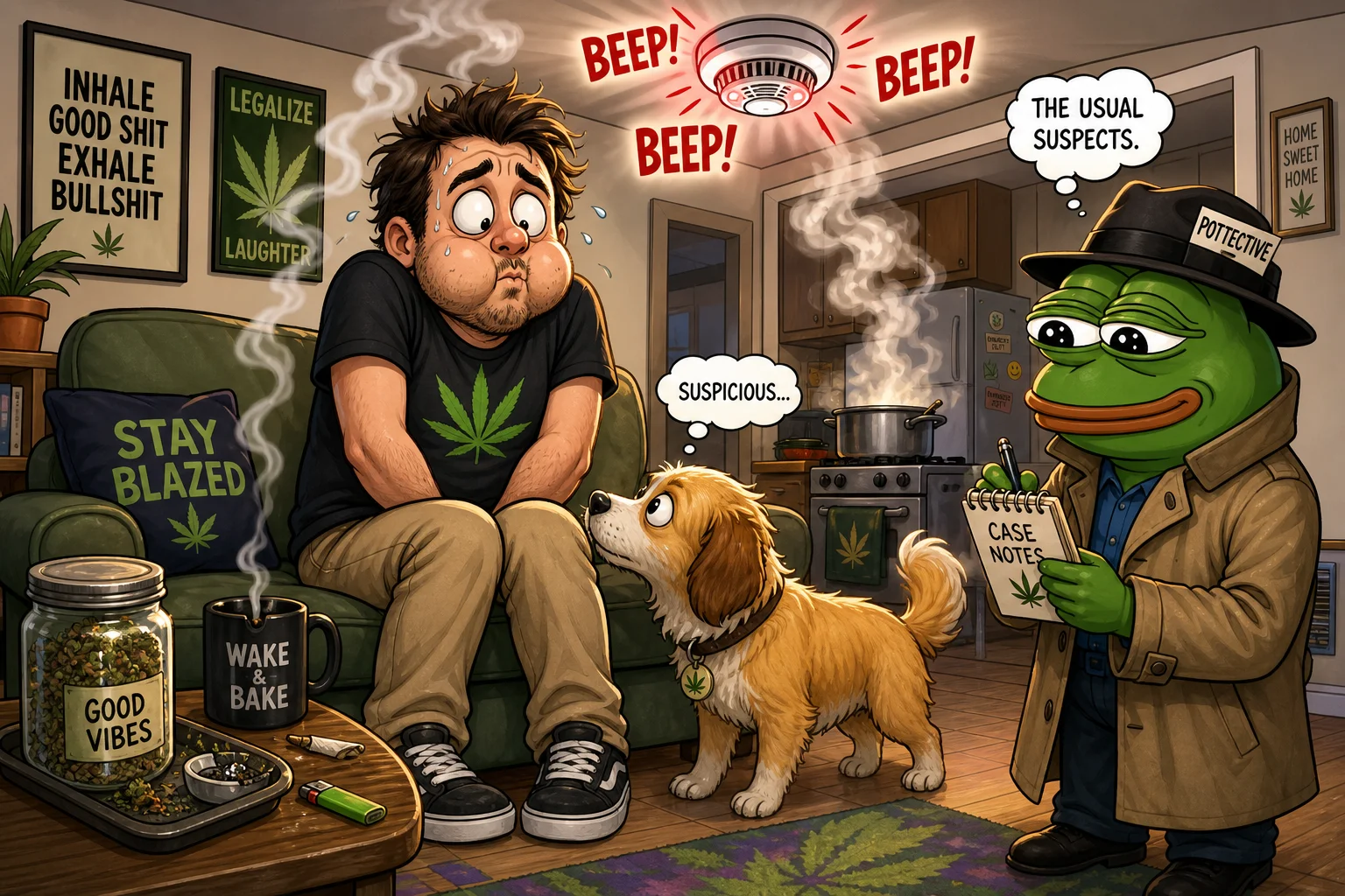 A humorous cartoon in a cozy apartment shows a tense adult on a couch holding his breath, a curious dog sniffing him, a flashing smoke alarm overhead, and Pepe the Frog taking notes nearby.