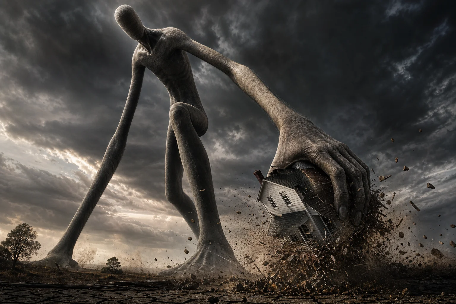 A gigantic, long-necked humanoid with ground-reaching arms leans forward and hurls a small white house into fractured earth, creating debris in a dramatic low-angle landscape.