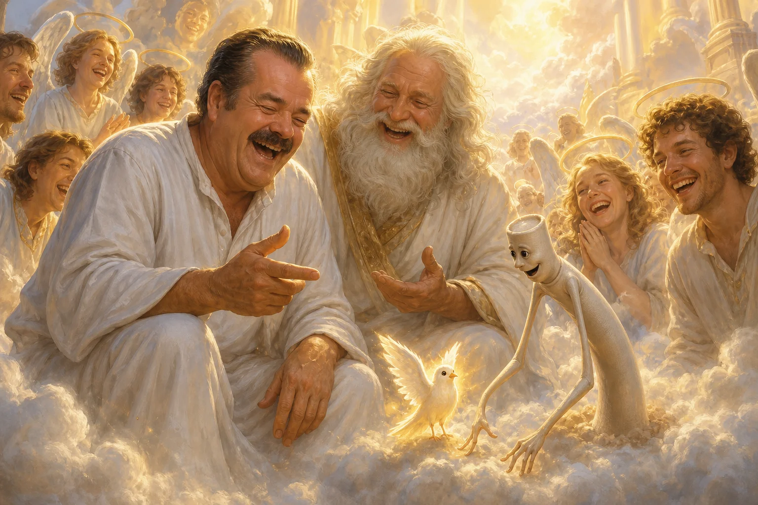 A joyful celestial gathering shows a laughing man with God and smiling angels among glowing clouds, while a tiny long-necked, long-armed figure chats with a miniature dove-like spirit in warm golden light.