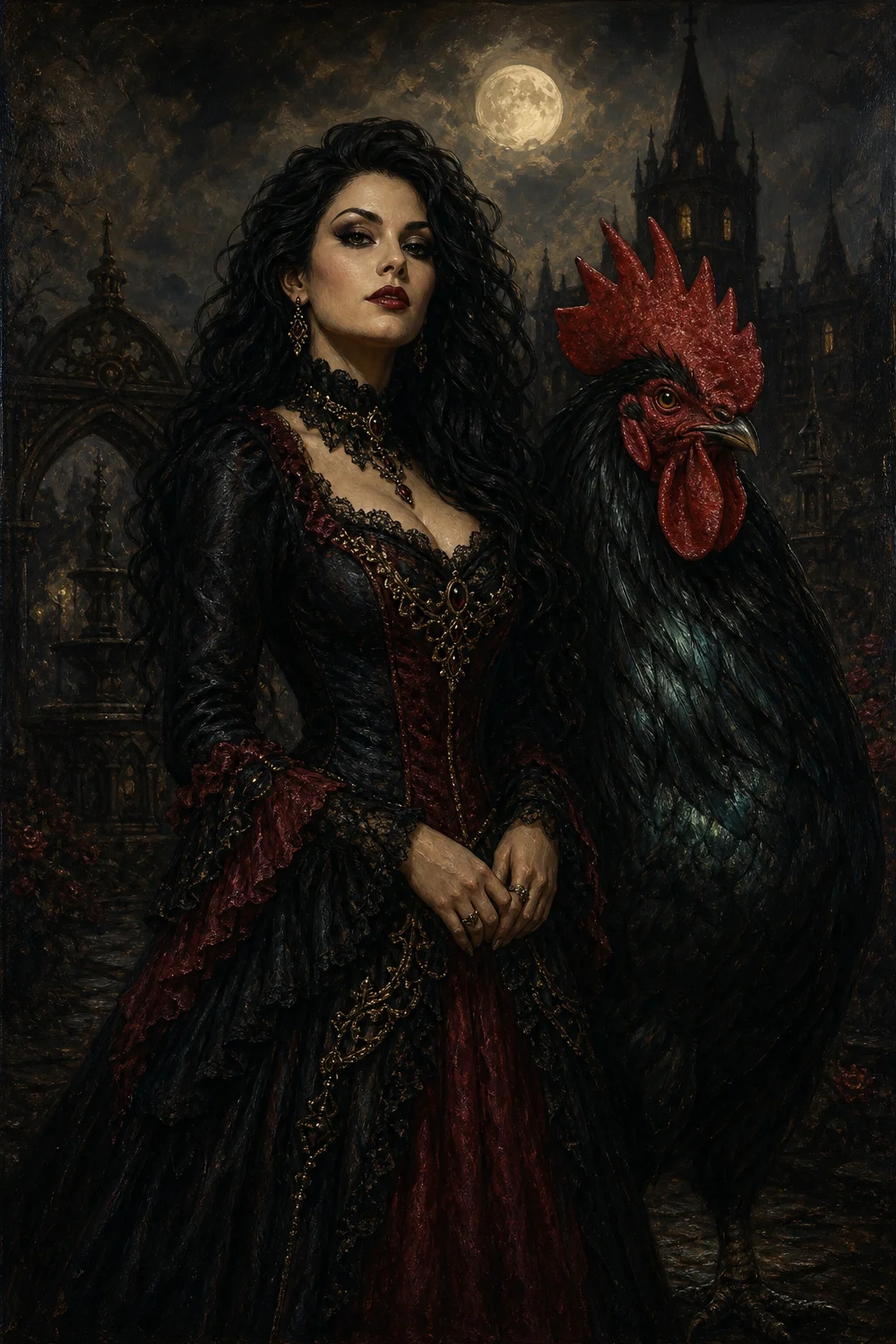 A striking dark-haired woman in ornate Victorian-inspired clothing stands beside a magnificent oversized black rooster in a shadowy, moonlit courtyard rendered in dramatic gothic oil-paint style.