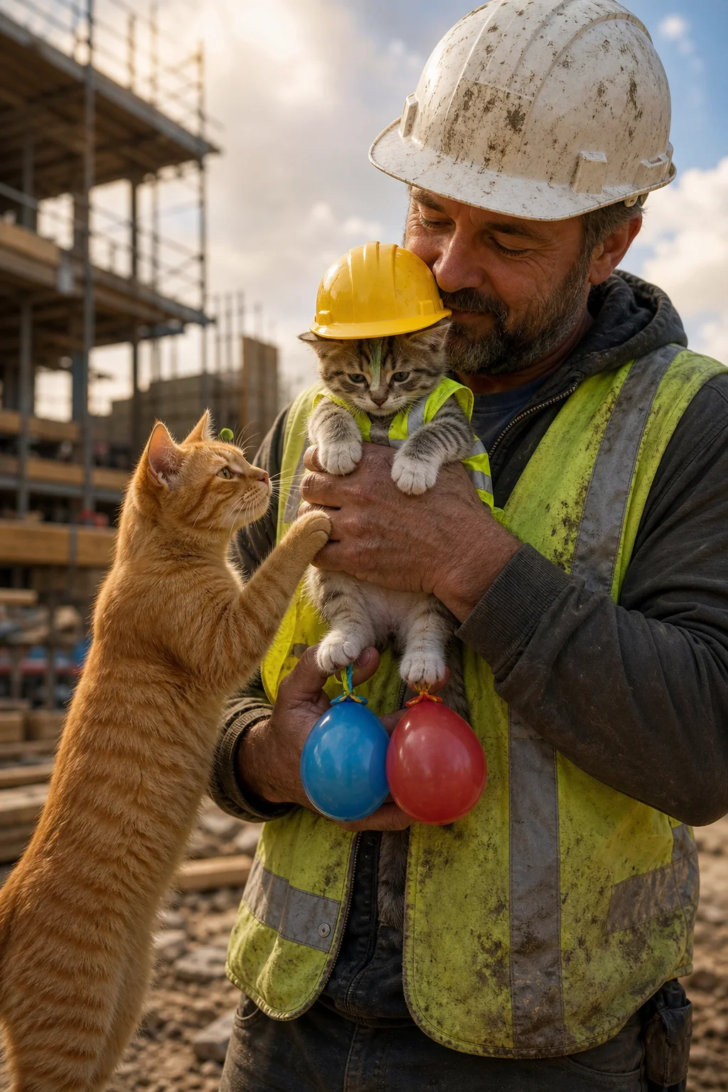 A kitten in a yellow hard hat and reflective vest poses like The Thinker while held by a construction worker, alongside an arched orange cat, in warm natural light.