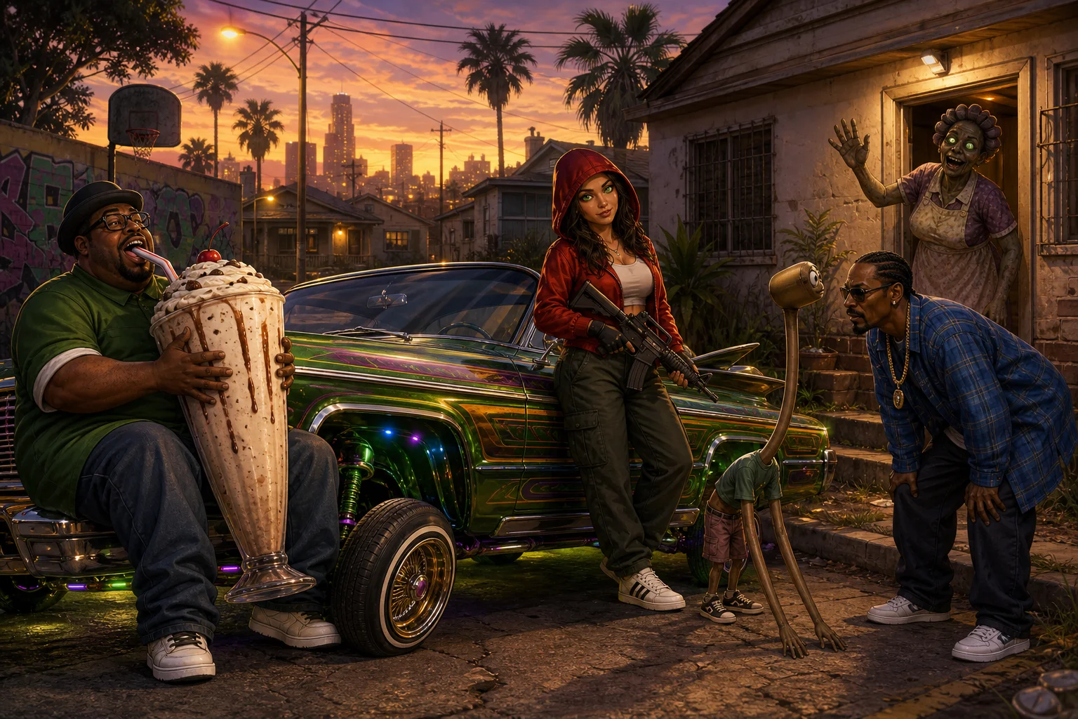 A surreal video-game-style scene on Grove Street at golden-hour dusk shows a customized lowrider, a man wrestling with an enormous milkshake, a hooded woman holding a lowered rifle, and quirky characters amid houses, palms, graffiti, and.