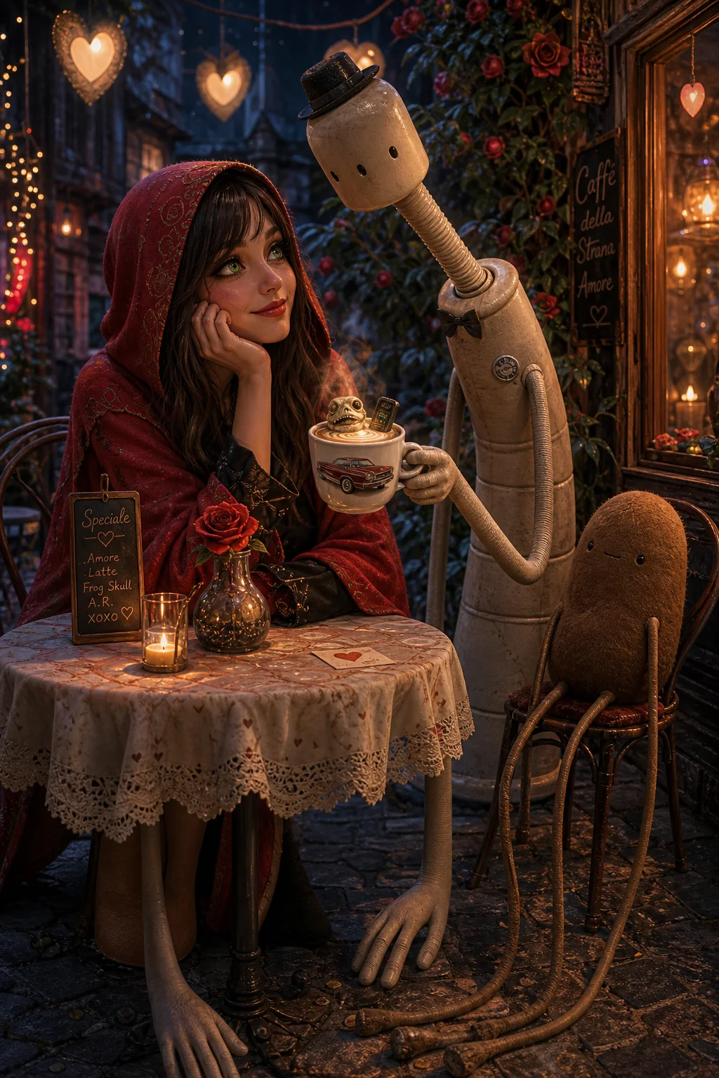 A whimsical romantic date scene shows a long-necked miniature creature with ground-reaching arms offering a latte to a red-hooded brunette woman, with a bean-shaped plush nearby in warm soft light.