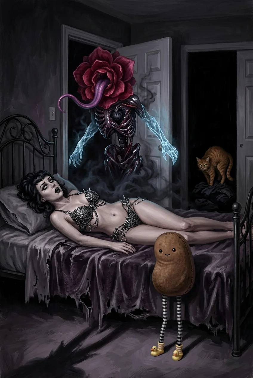 In a pitch-black gothic bedroom, a sleeping woman lies paralyzed on a bed as a red-flowered, black-hearted supernatural creature emerges through the open door, while a plush toy and hunched orange cat watch.