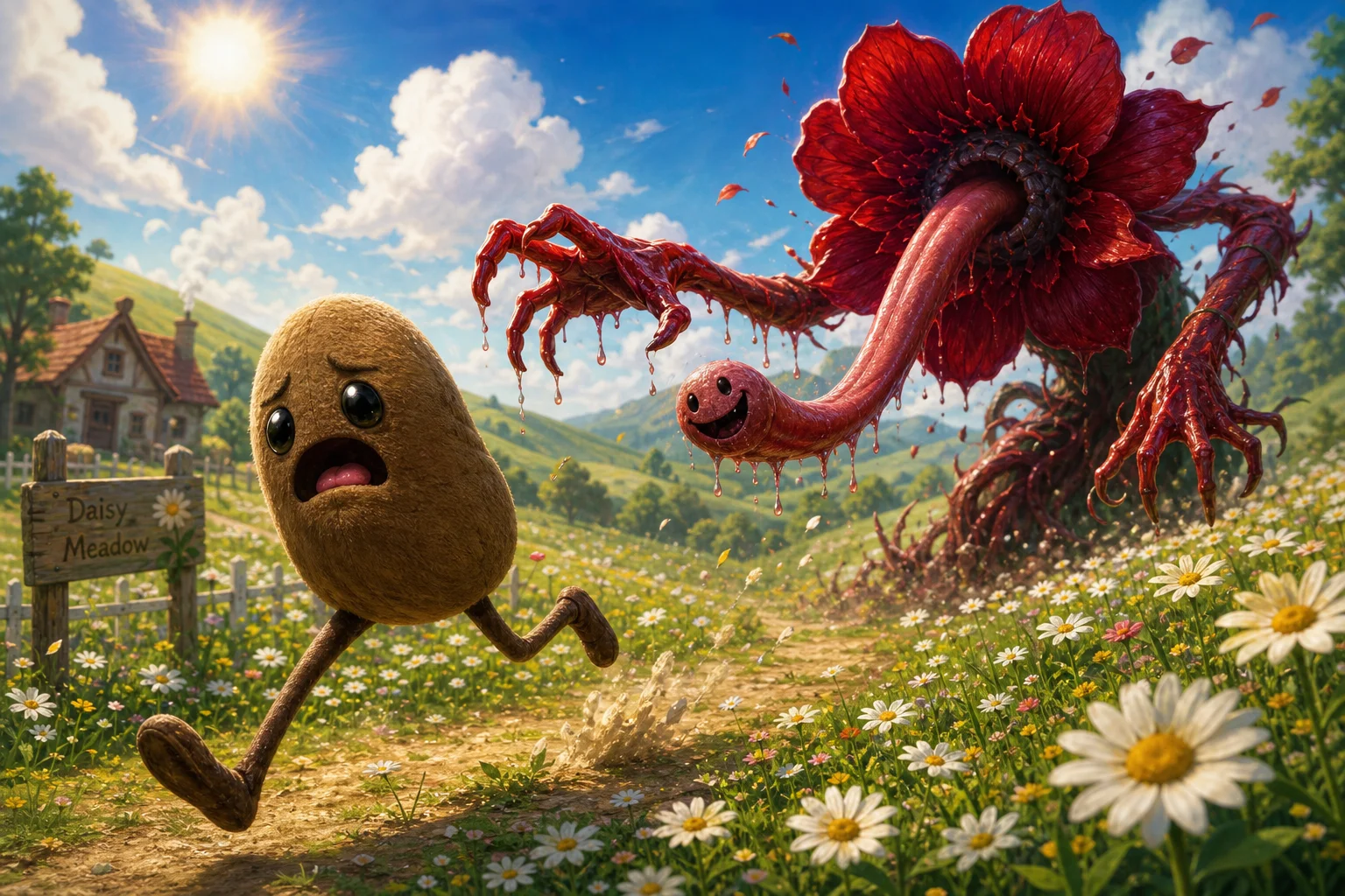 A terrified brown bean-shaped plush with floppy legs sprints through a sunny daisy meadow while a sinister red flower creature with dripping arms chases behind it.