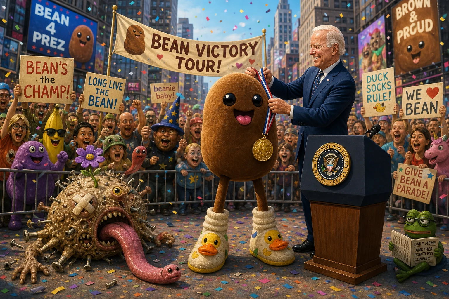A brown bean-shaped plush creature in duck socks triumphantly faces a bizarre tooth-covered opponent in a lively city plaza, as a cheering crowd and formally dressed president look on.
